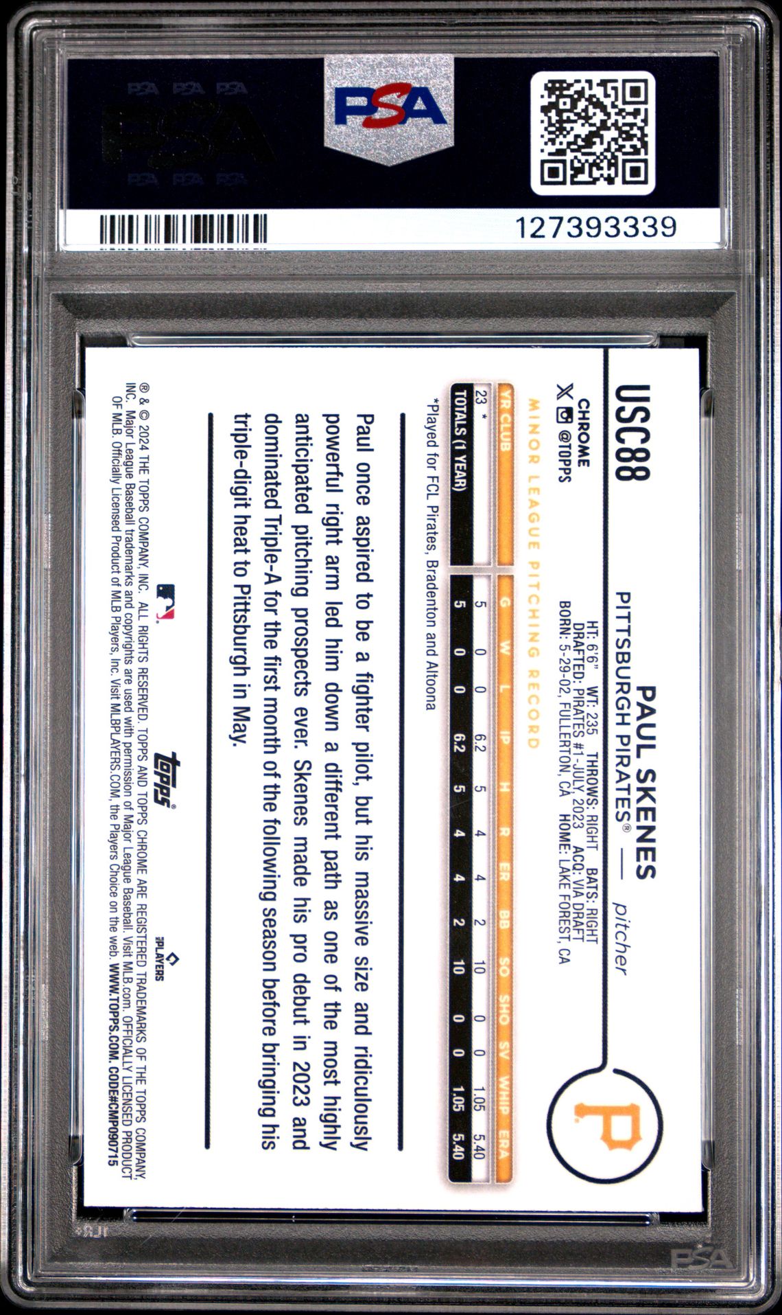 2024 Topps Chrome Update Paul Skenes #Usc88 (X-Fractor) Gem Mt 10 back