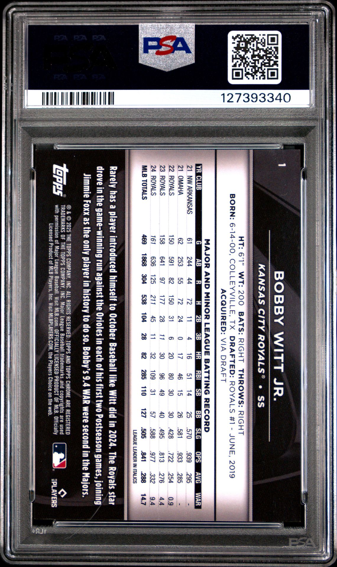 2025 Topps Chrome Black Bobby Witt Jr. #1 (Blue Lava) Mint 9 back