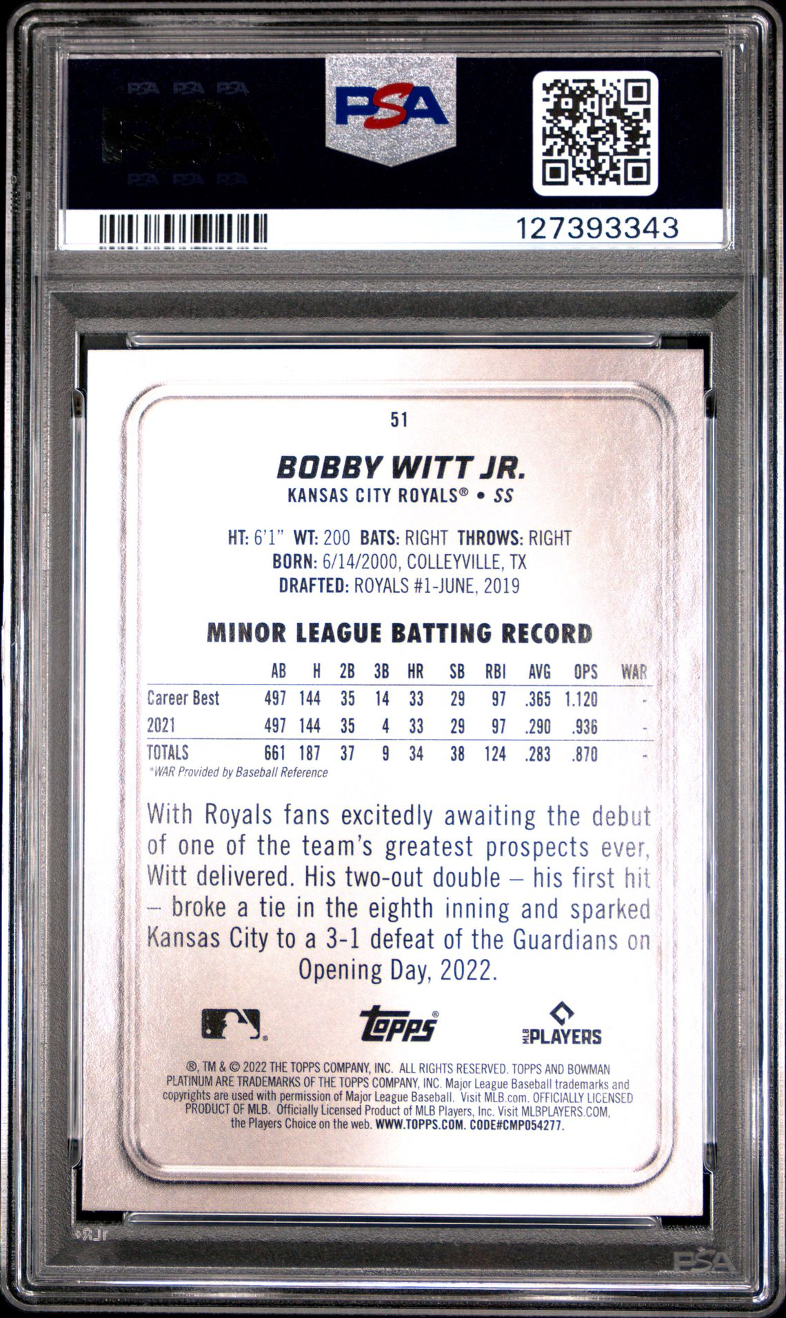 2022 Bowman Platinum Bobby Witt Jr. #51 Gem Mt 10 back