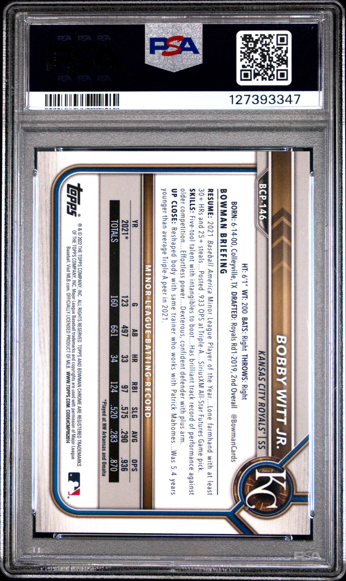 2022 Bowman Mega Box Chrome Bobby Witt Jr. #146 (Chrome-Aqua Refractor) Gem Mt 10 back