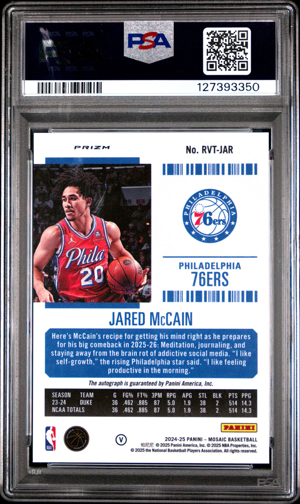 2024 Panini Mosaic Rookie Season Ticket Autographs Jared Mccain #Rvtjar (Rk Season Ticket Auto-Var) Mint 9 back