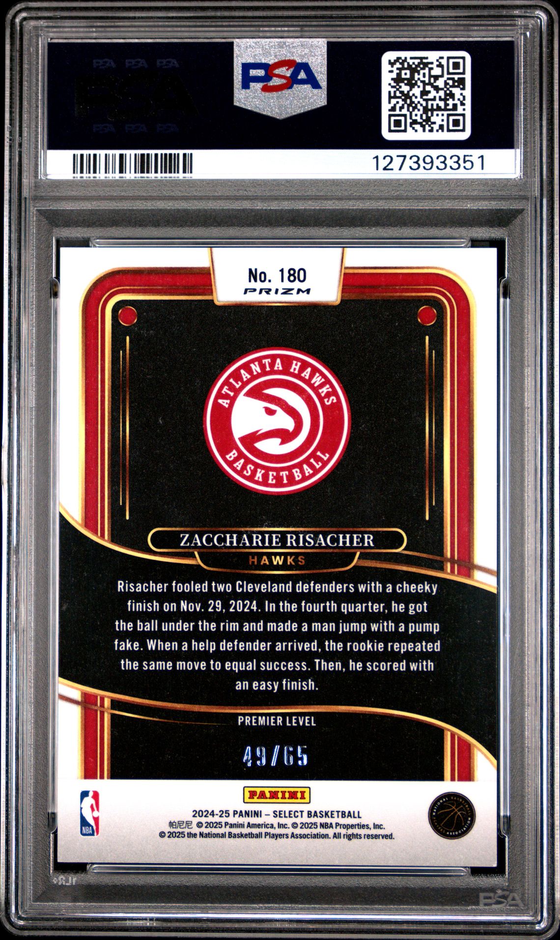 2024 Panini Select Zaccharie Risacher #180 (Orange Prizm) Gem Mt 10 back