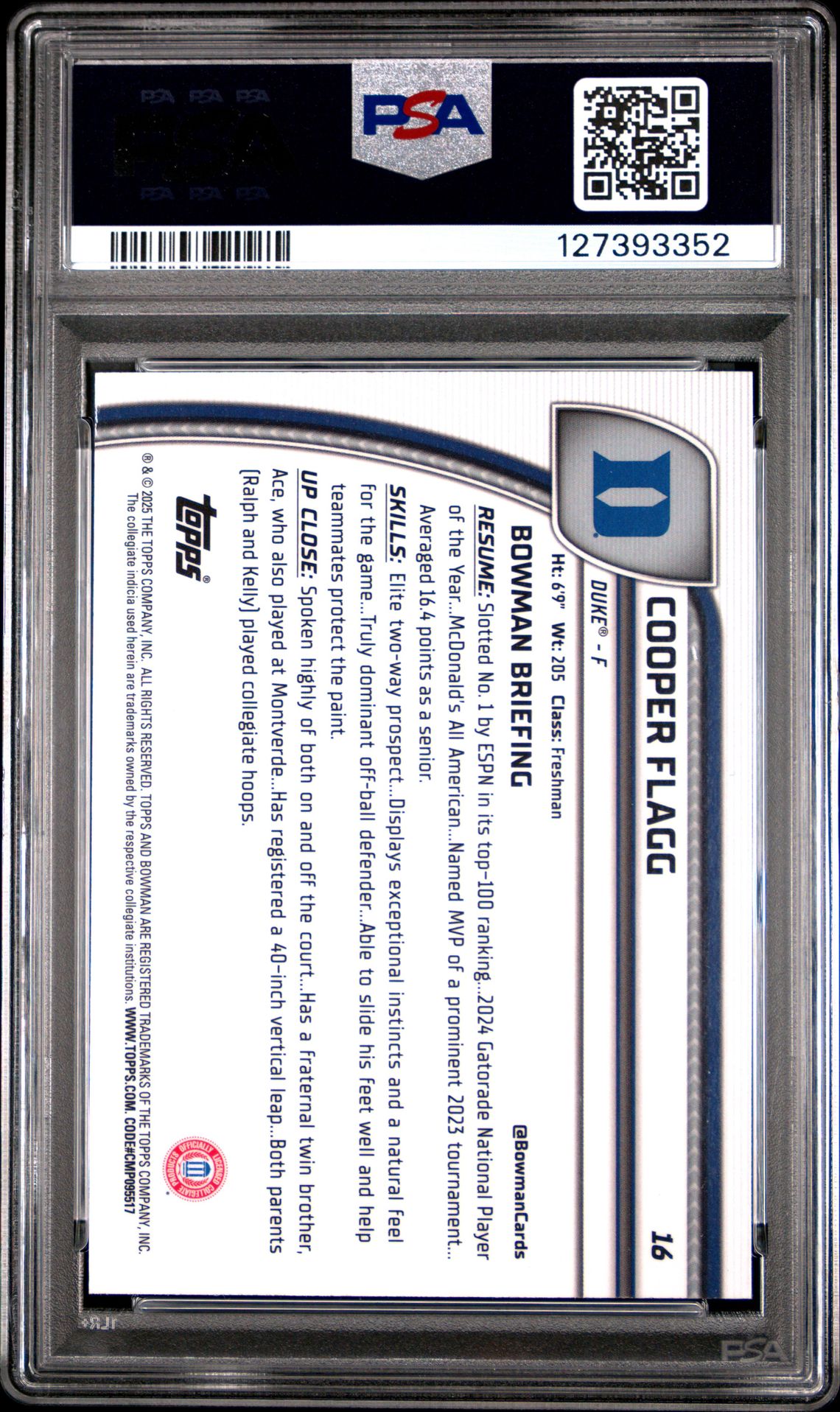 2024 Bowman Chrome University Cooper Flagg #16 (Purple Lava) Gem Mt 10 back