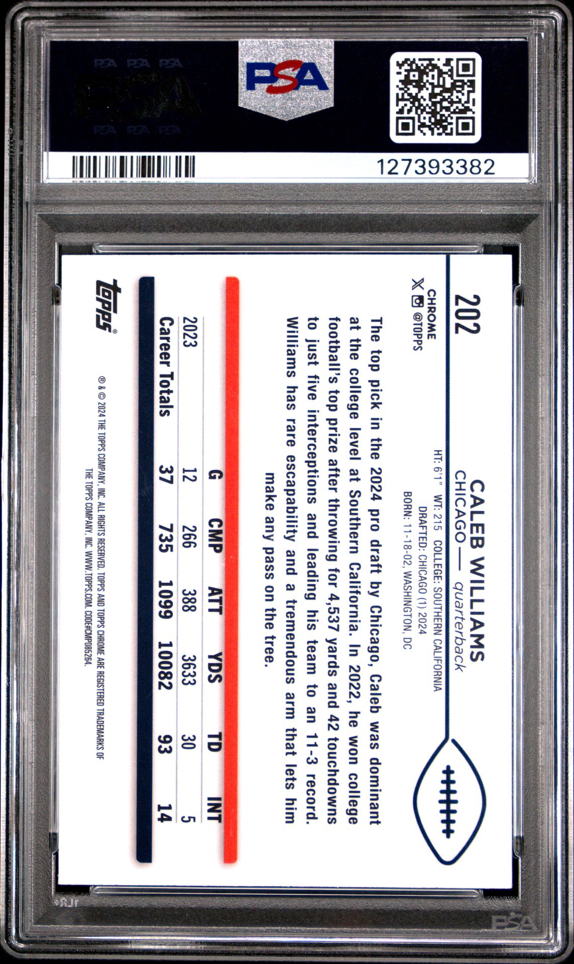 2024 Topps Chrome Caleb Williams #202 (Aqua Sonar) Gem Mt 10 back