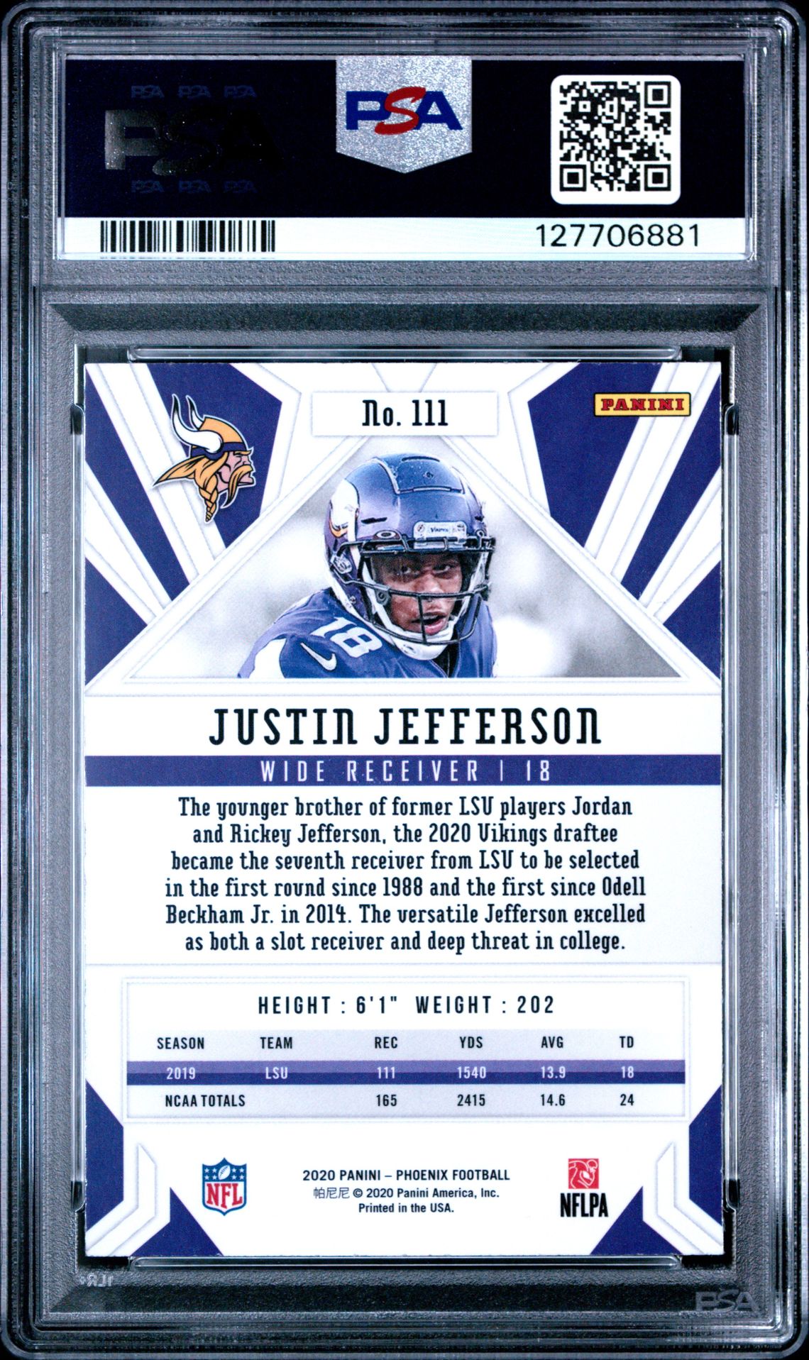 2020 Panini Phoenix Justin Jefferson #111 (Fire Burst) Gem Mt 10 back