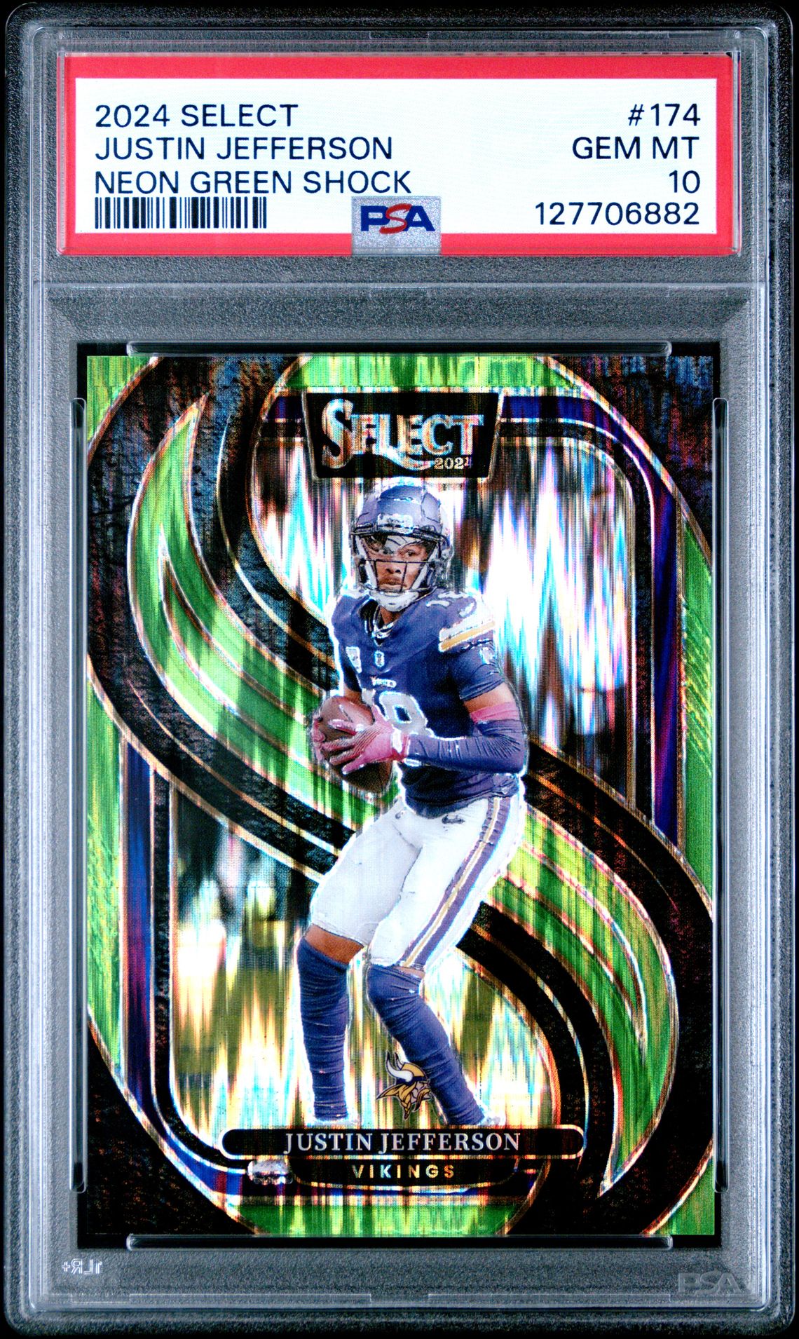 2024 Panini Select Justin Jefferson #174 (Neon Green Shock) Gem Mt 10 front