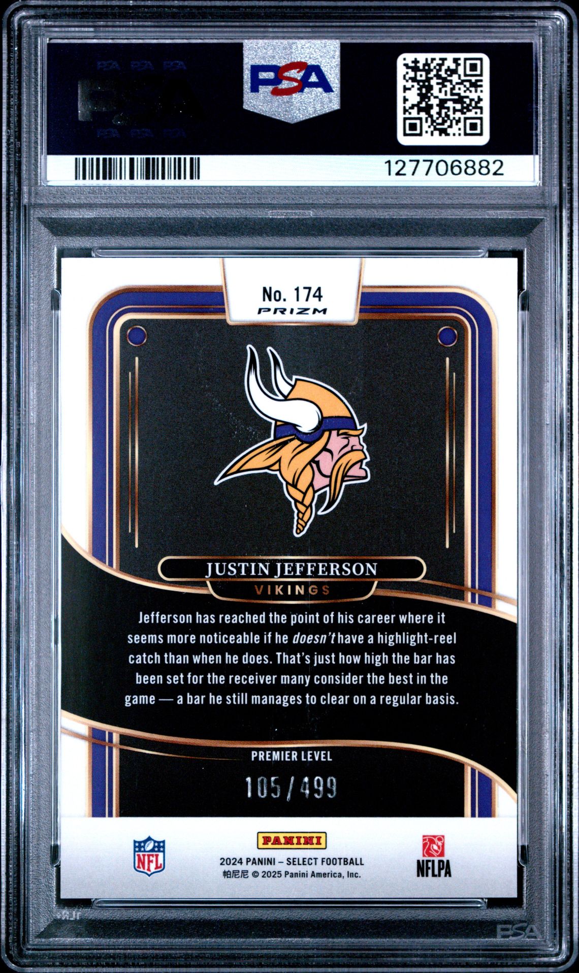 2024 Panini Select Justin Jefferson #174 (Neon Green Shock) Gem Mt 10 back