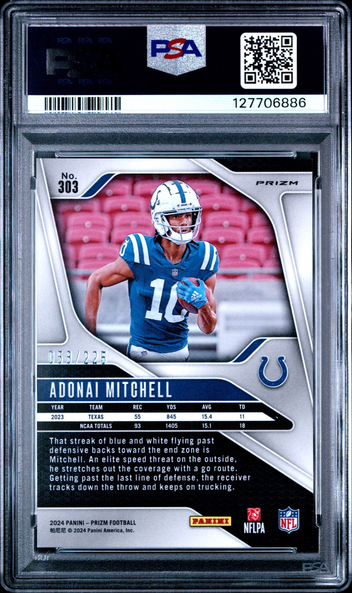 2024 Panini Prizm Adonai Mitchell #303 (Purple Ice) Gem Mt 10 back