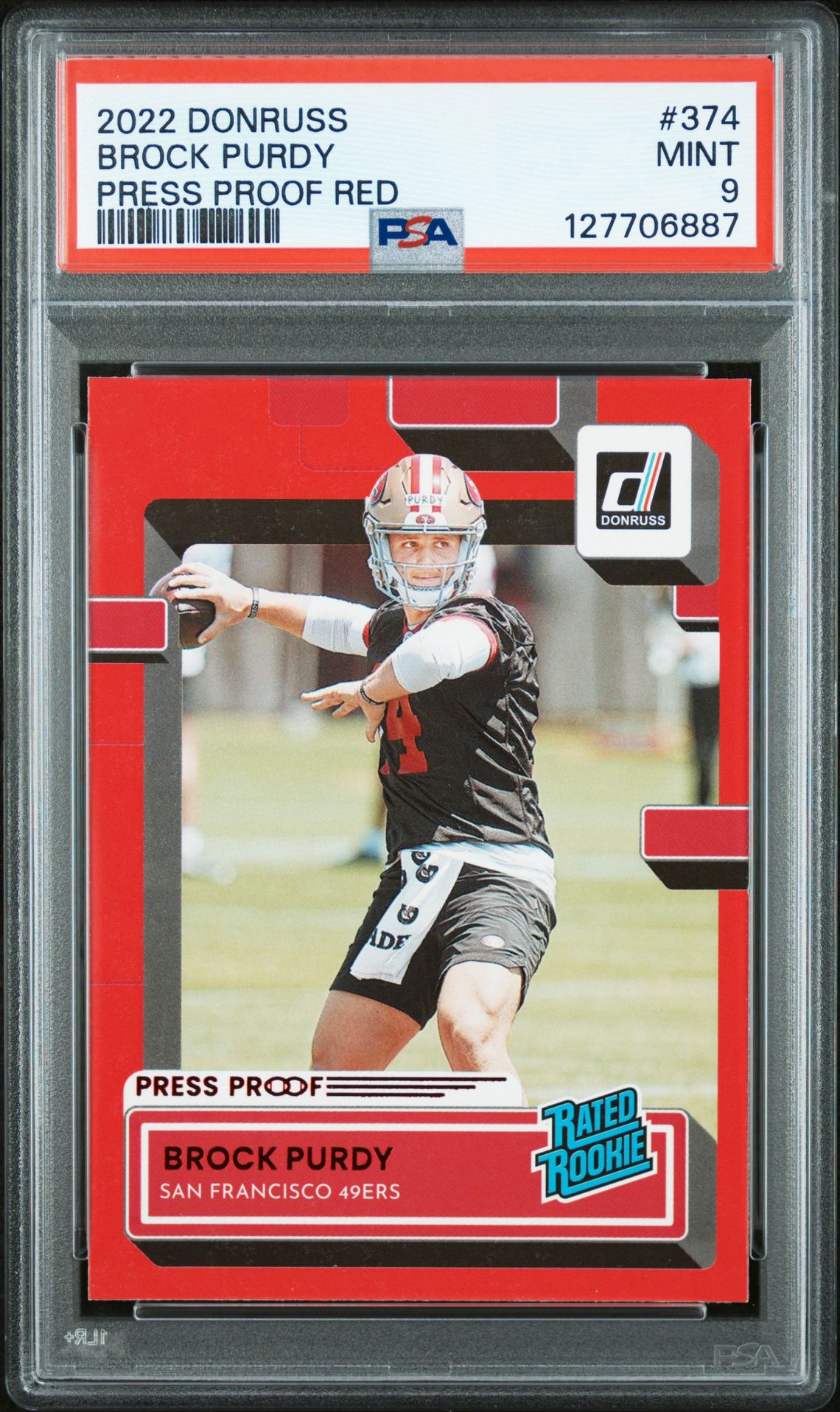 2022 Panini Donruss Brock Purdy #374 (Press Proof Red) Mint 9 front