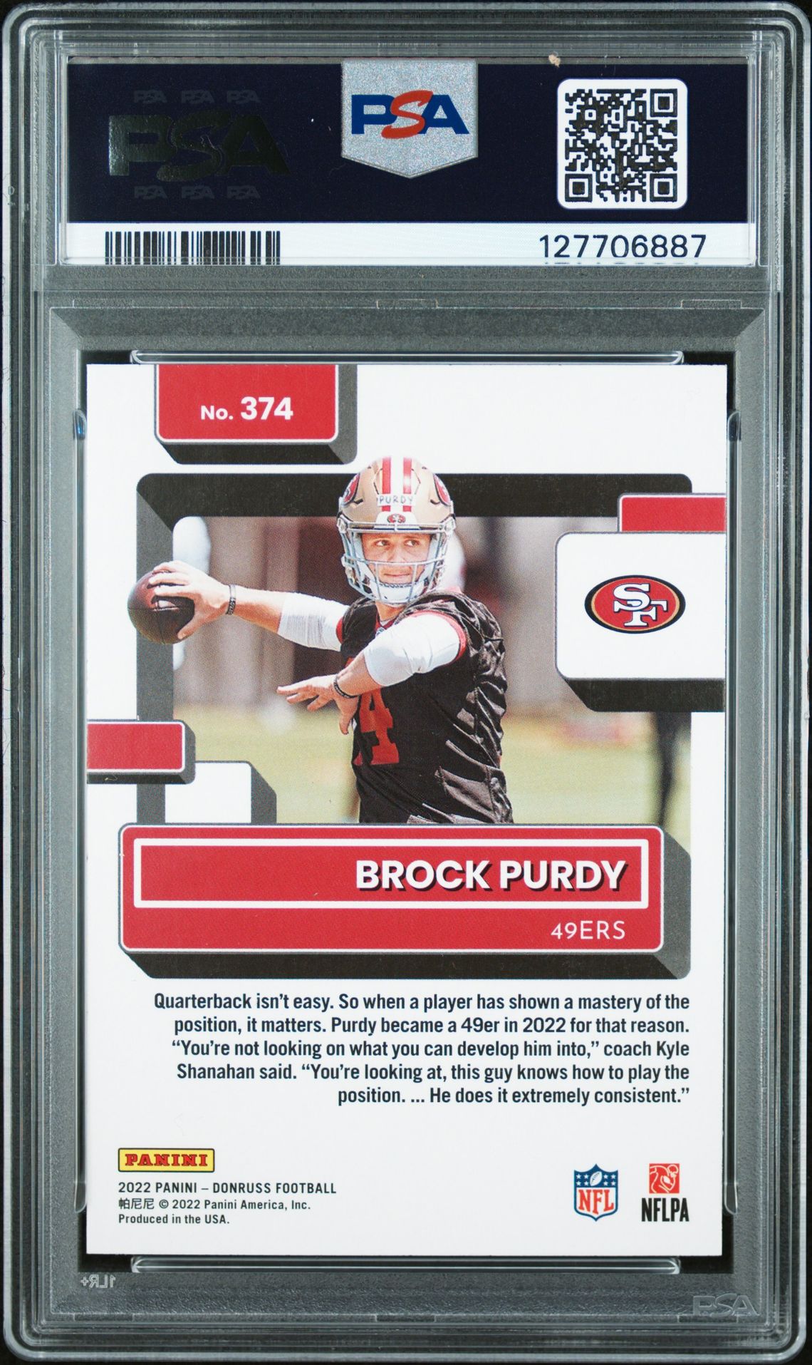 2022 Panini Donruss Brock Purdy #374 (Press Proof Red) Mint 9 back