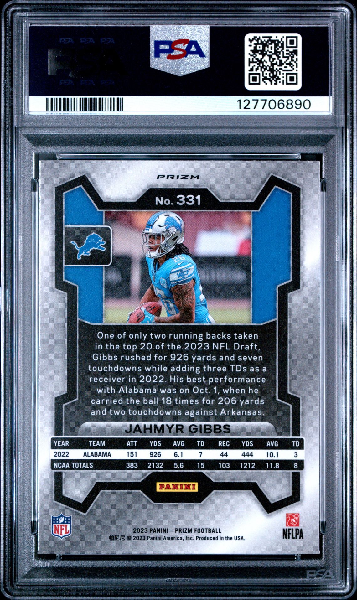 2023 Panini Prizm Jahmyr Gibbs #331 (Green Wave) Gem Mt 10 back