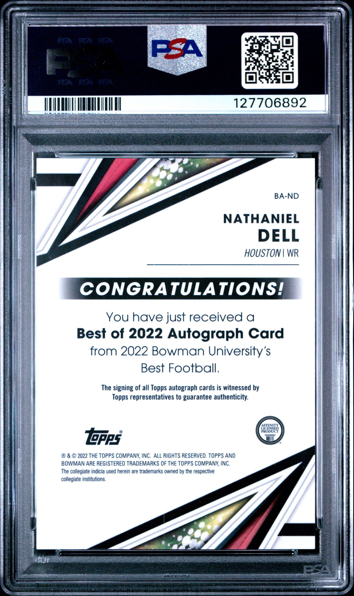 2022 Bowman's Best University Best Of 2022 Autographs Nathaniel Dell #Band (Best Of '22 Autograph) Mint 9 back