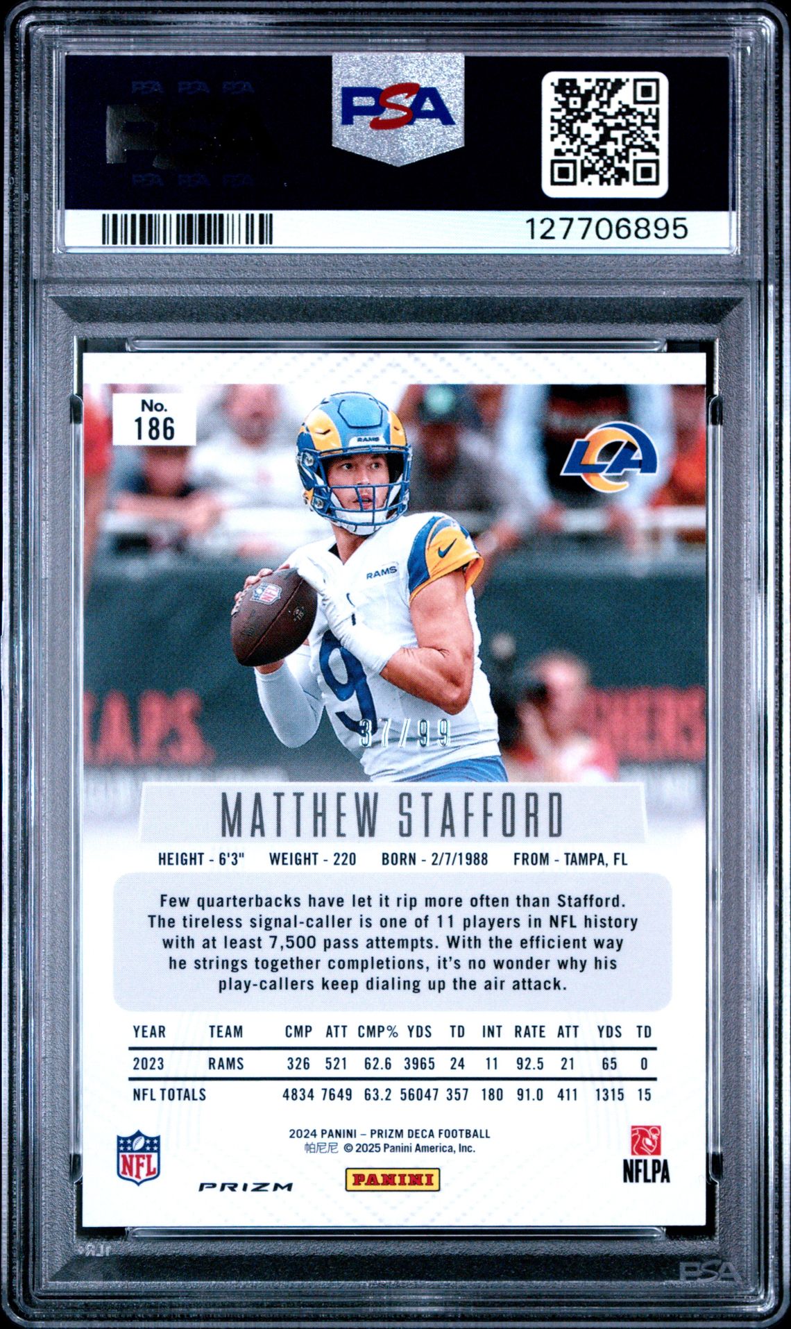 2024 Panini Prizm Deca Matthew Stafford #186 (Purple Prizm) Mint 9 back