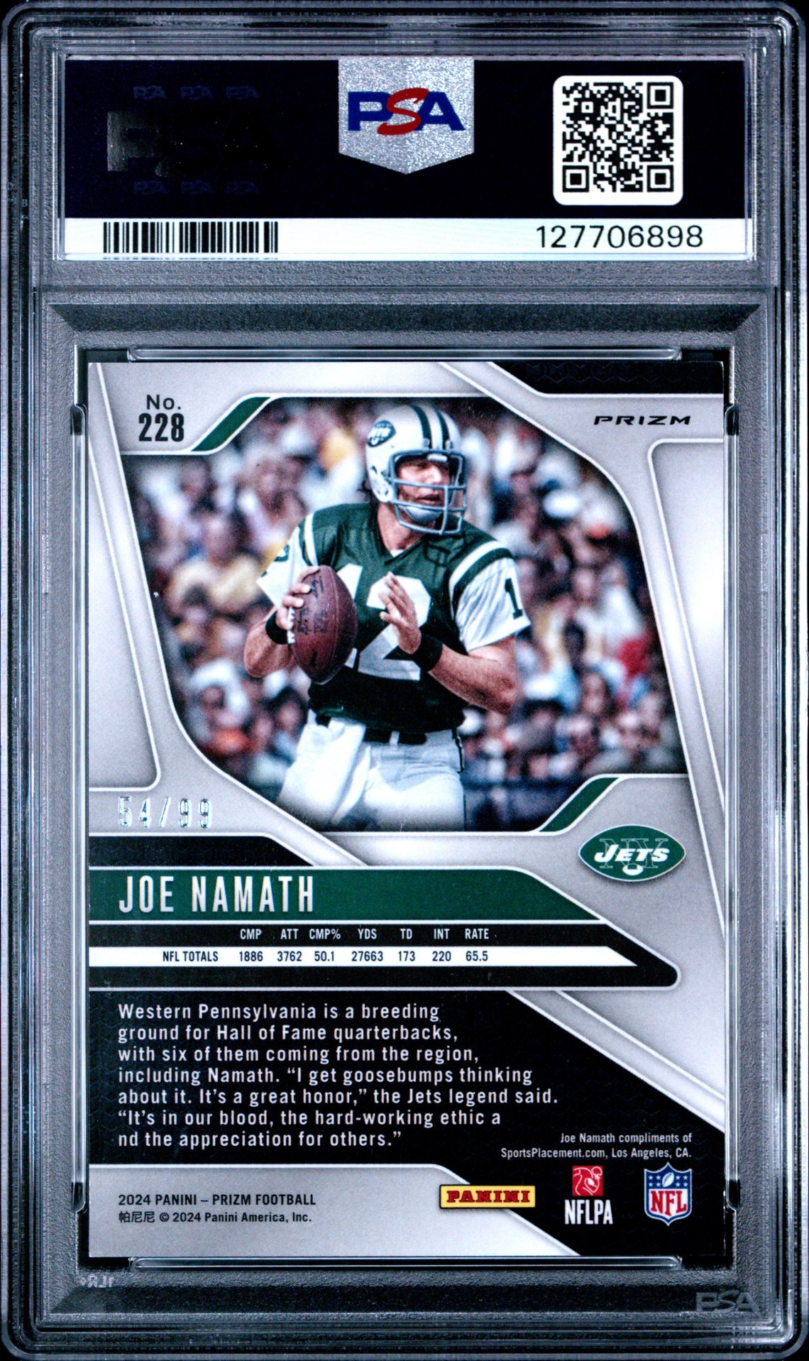 2024 Panini Prizm Joe Namath #228 (No Huddle Blue) Mint 9 back