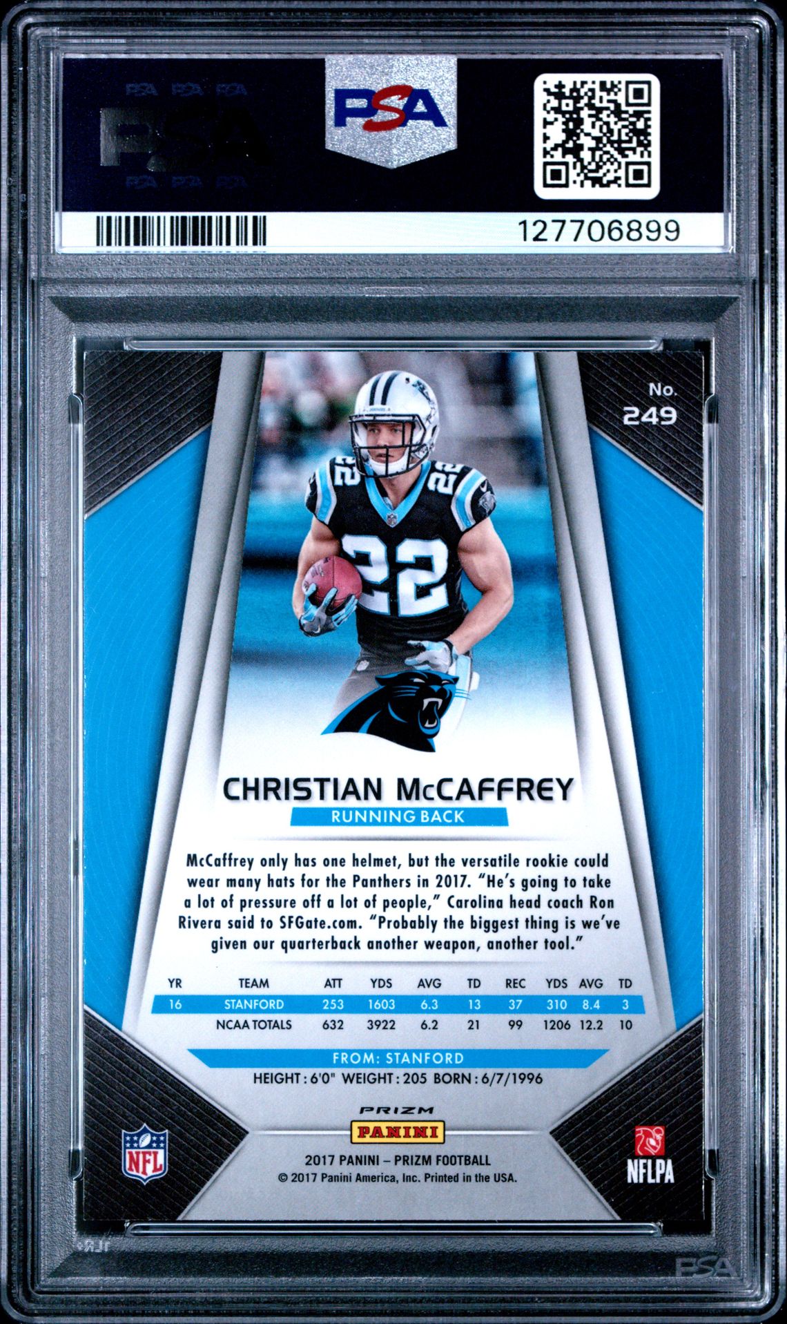 2017 Panini Prizm Christian Mccaffrey #249 (Prizm) Gem Mt 10 back