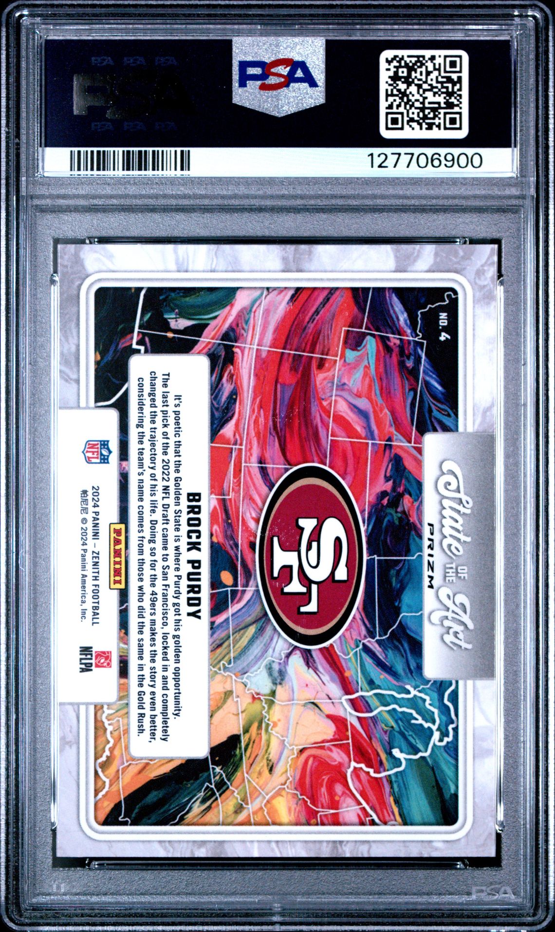 2024 Panini Zenith State Of The Art Brock Purdy #4 (State Of The Art-Orange) Mint 9 back