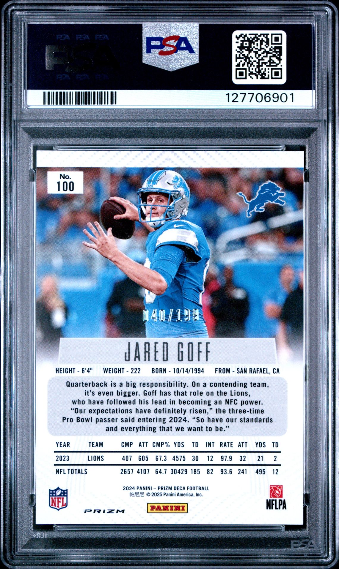 2024 Panini Prizm Deca Jared Goff #100 (Red Prizm) Nm-Mt 8 back