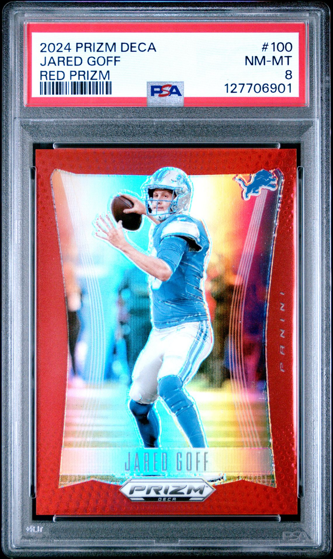 2024 Panini Prizm Deca Jared Goff #100 (Red Prizm) Nm-Mt 8 front