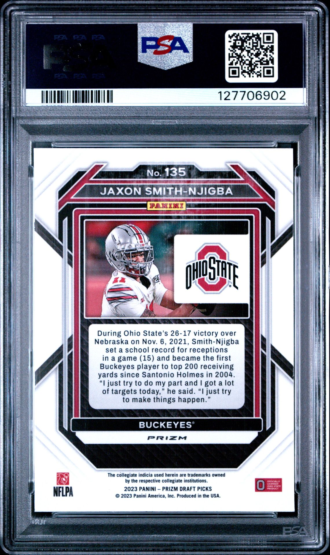 2023 Panini Prizm Draft Picks Jaxon Smith-Njigba #135 (Gold Ice) Mint 9 back