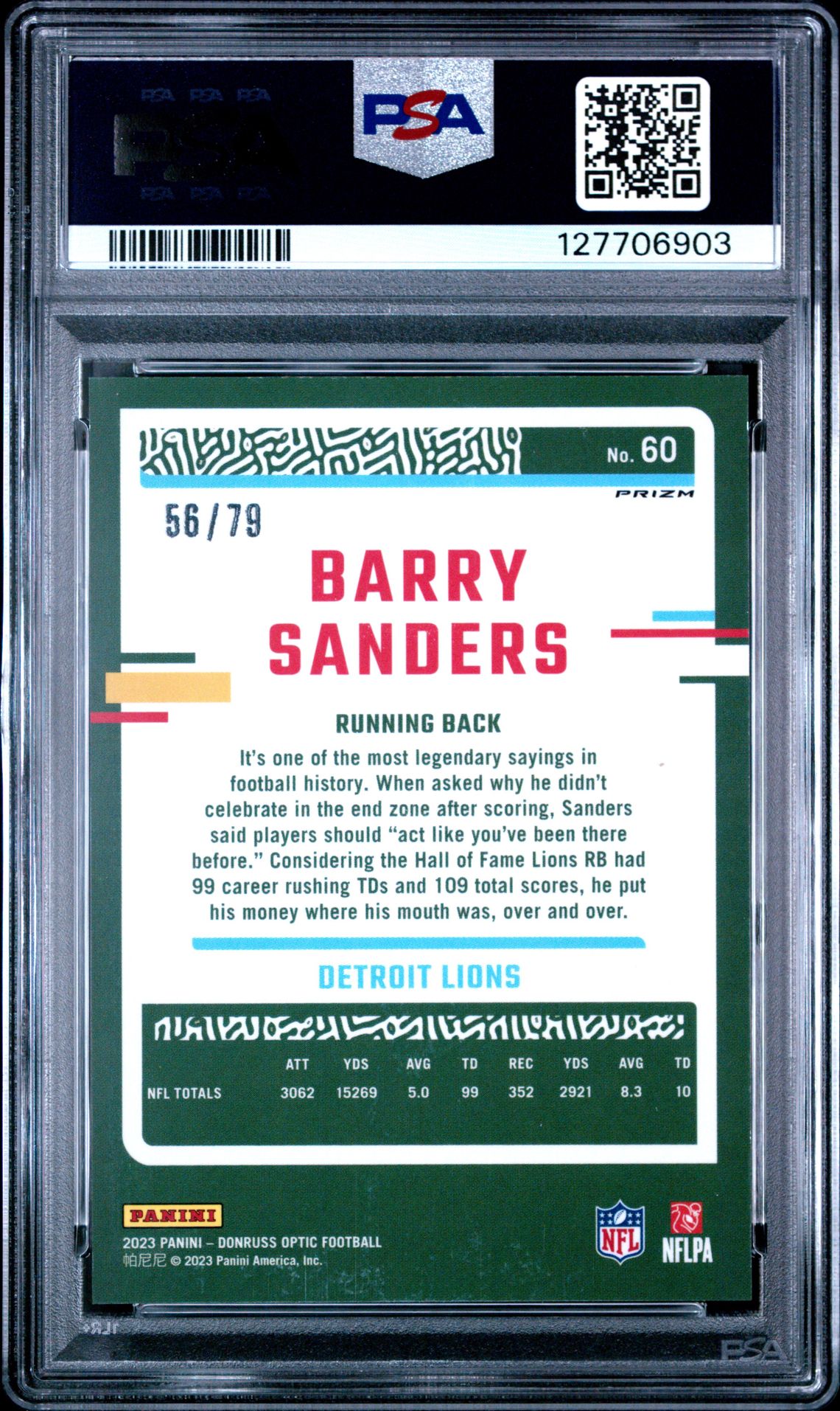 2023 Panini Donruss Optic Barry Sanders #60 (Pink Velocity) Gem Mt 10 back