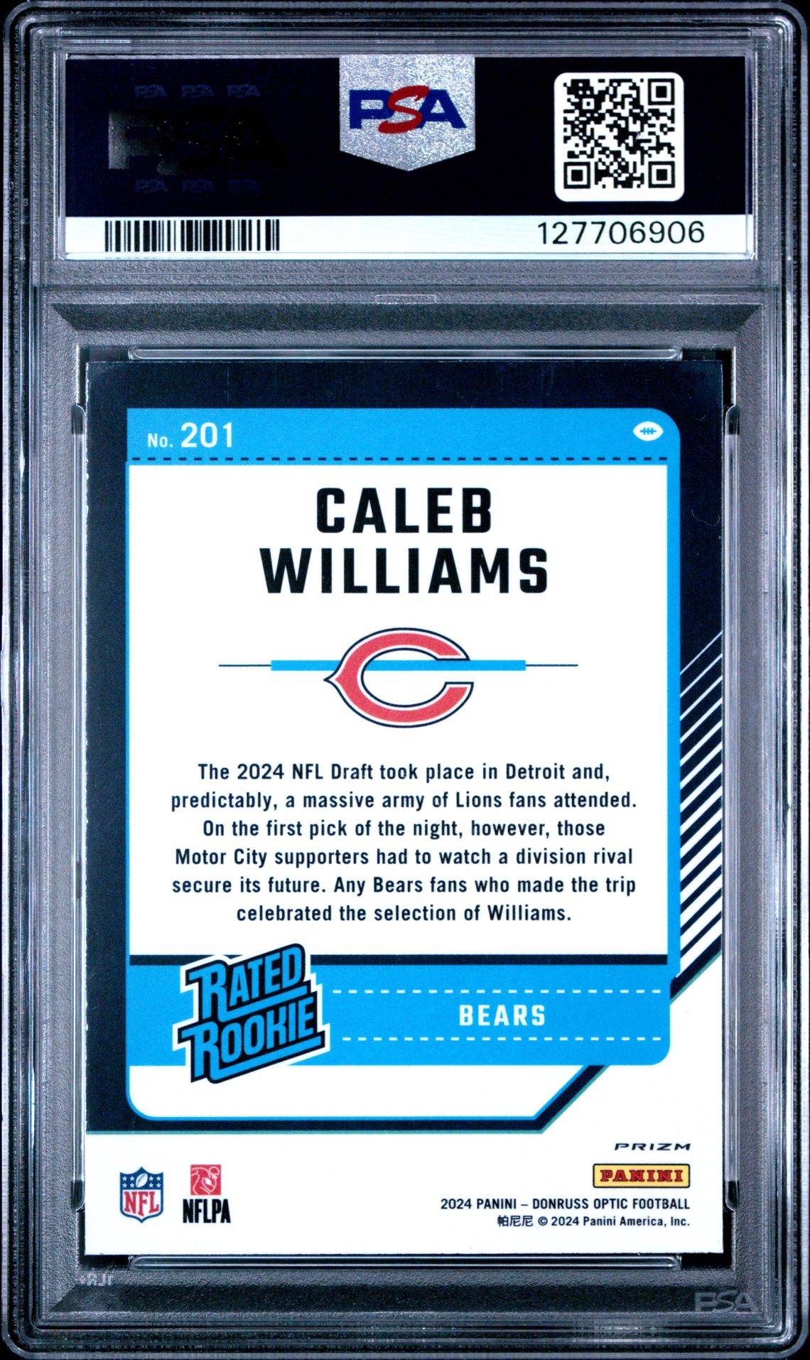 2024 Panini Donruss Optic Caleb Williams #201 (Blue Hyper) Gem Mt 10 back