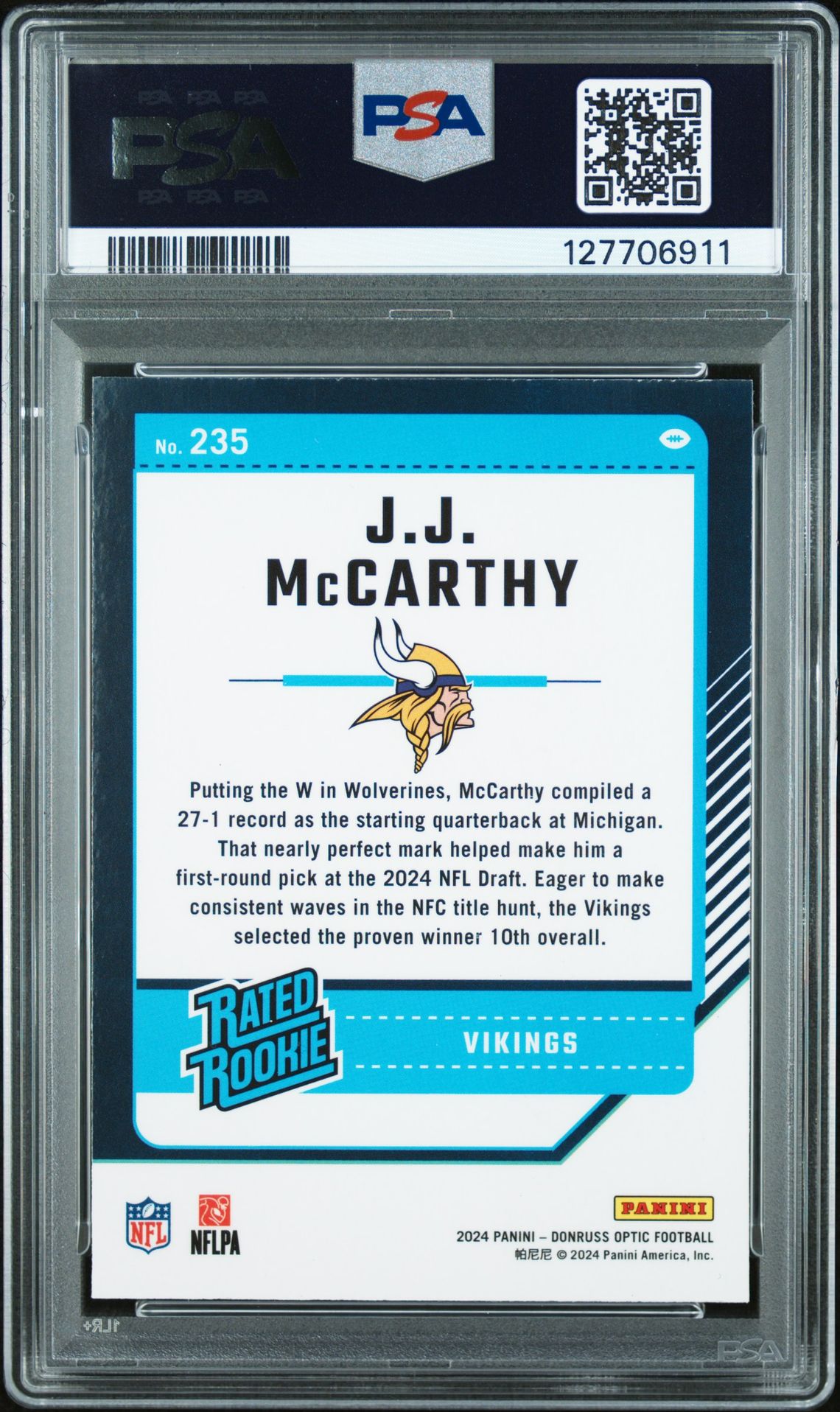 2024 Panini Donruss Optic Jj Mccarthy #235 Mint 9 back