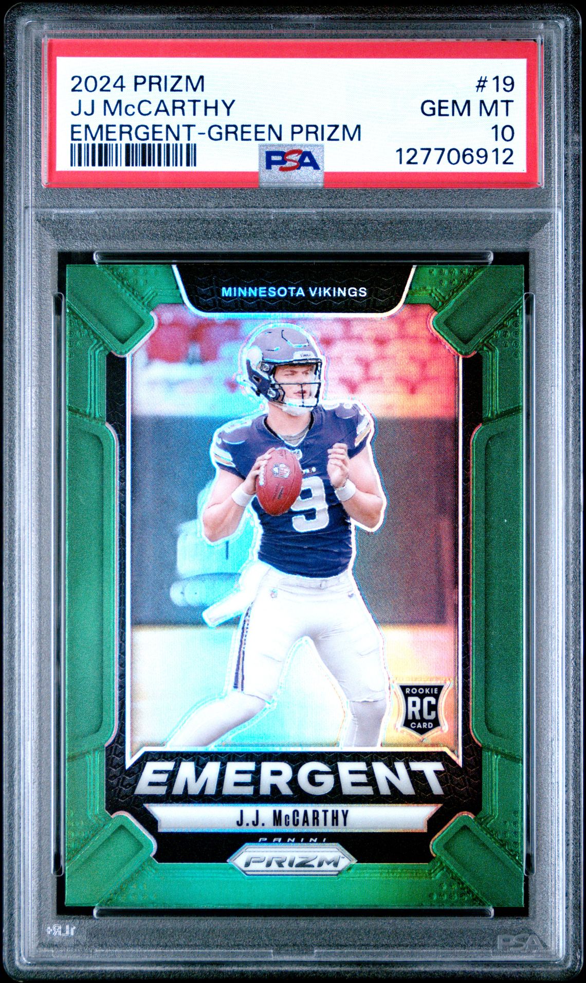 2024 Panini Prizm Emergent Jj Mccarthy #19 (Emergent-Green Prizm) Gem Mt 10 front