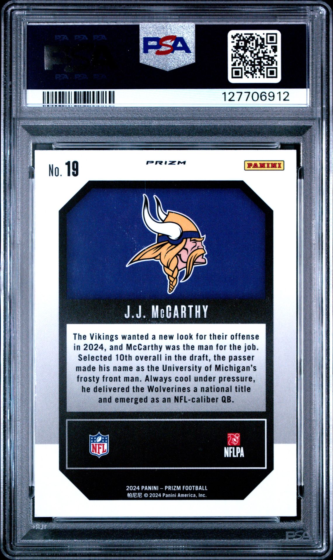 2024 Panini Prizm Emergent Jj Mccarthy #19 (Emergent-Green Prizm) Gem Mt 10 back