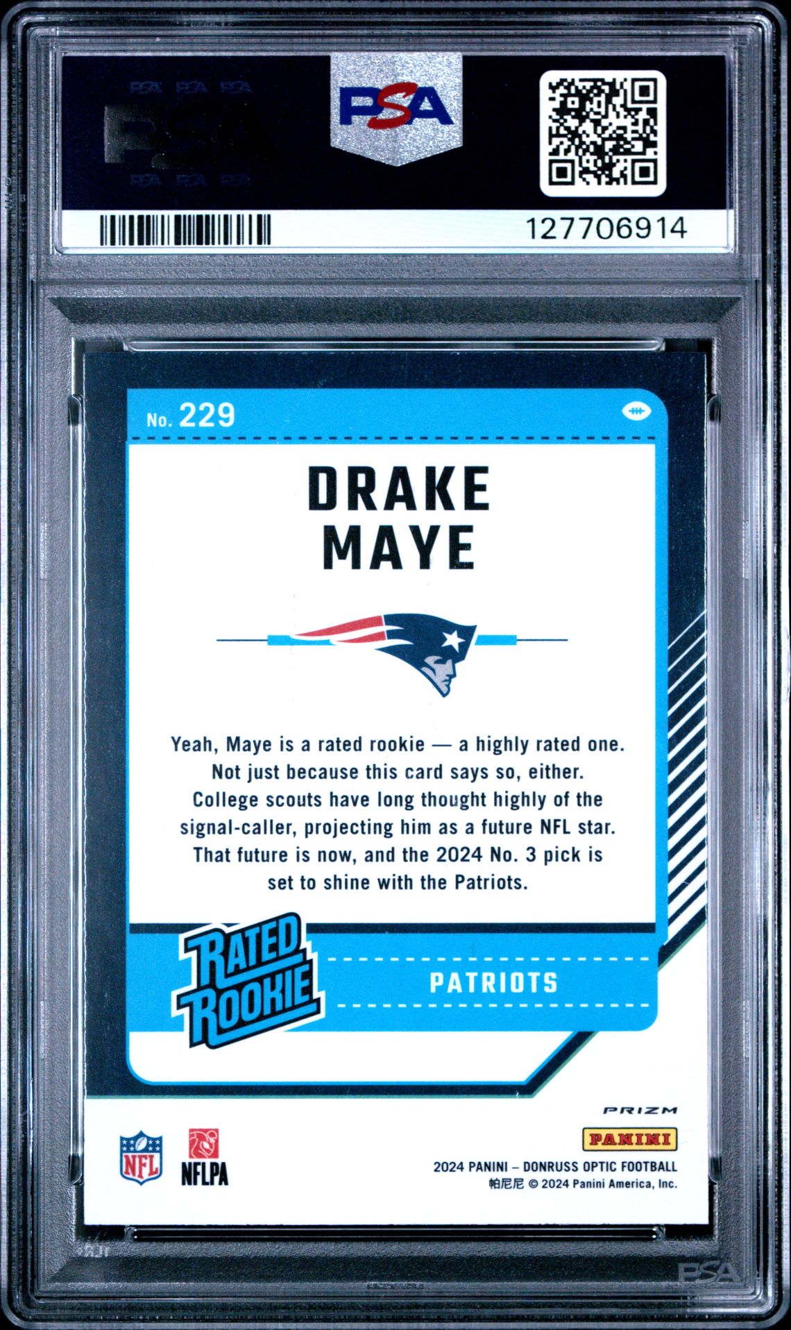 2024 Panini Donruss Optic Drake Maye #229 (Pink) Mint 9 back