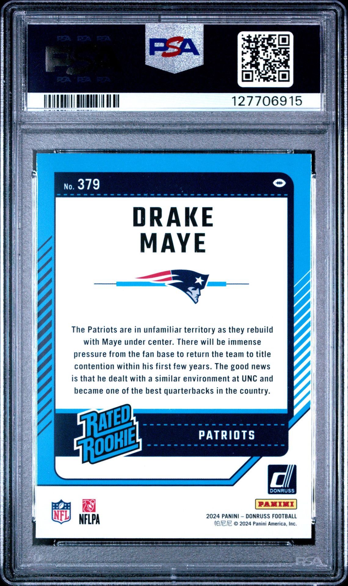 2024 Panini Donruss Drake Maye #379 Gem Mt 10 back
