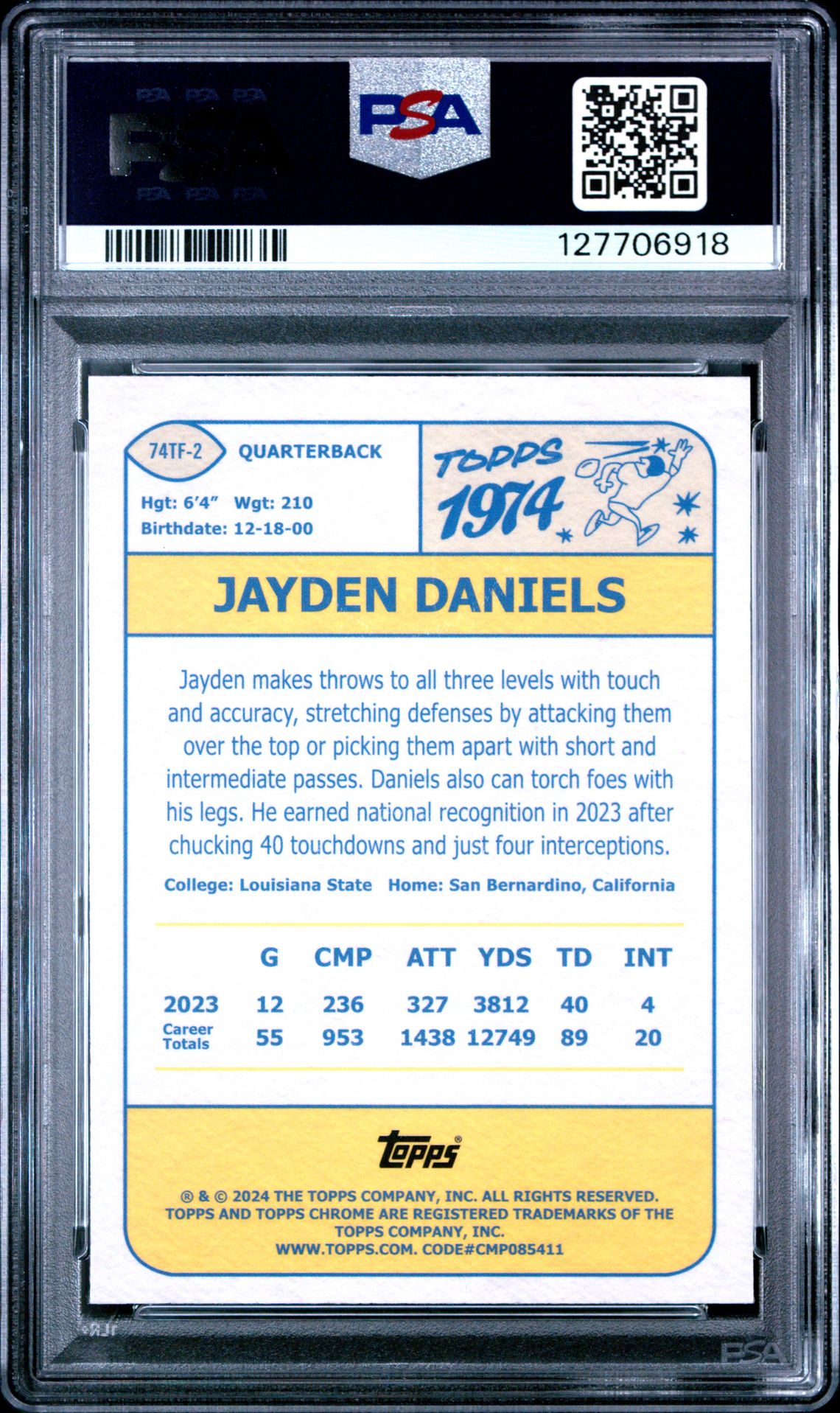 2024 Topps Chrome 1974 Topps Football Jayden Daniels #74Tf2 ('74 Tps Football-X-Fractor) Mint 9 back
