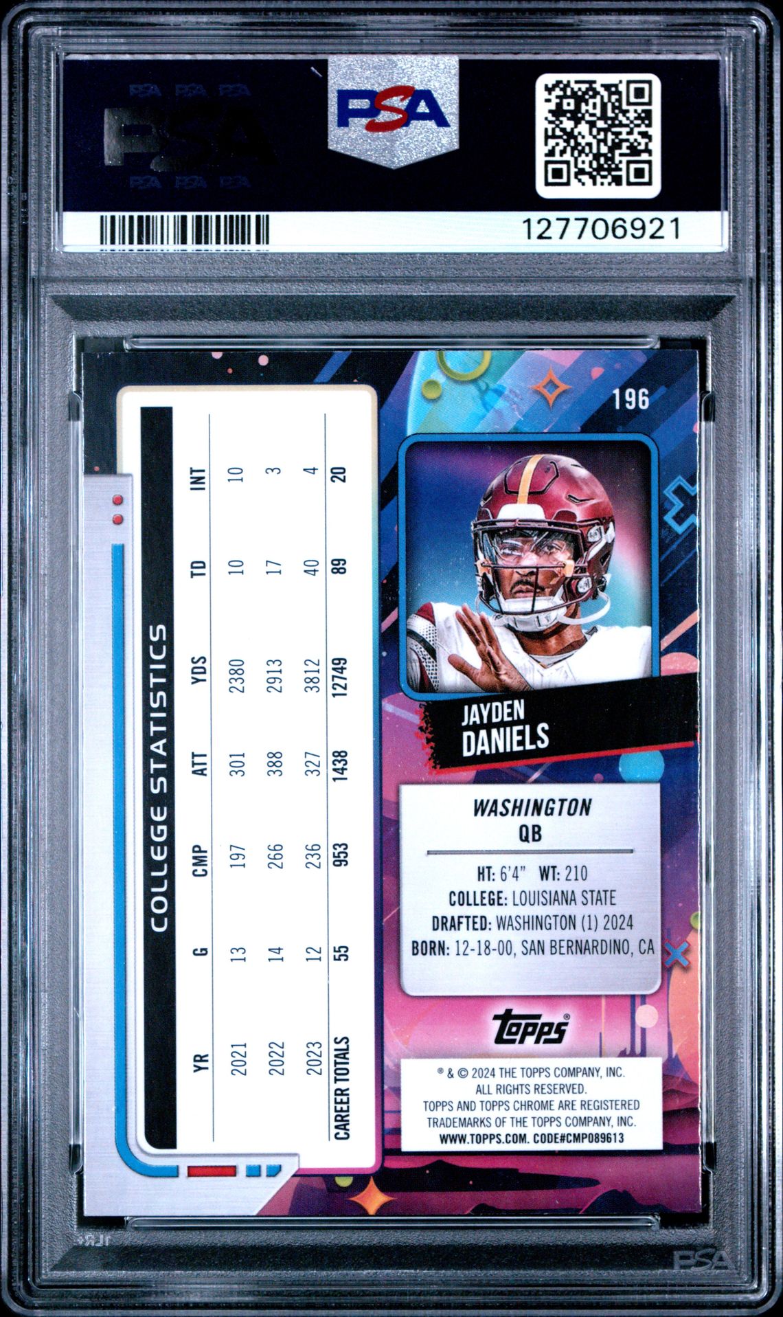 2024 Topps Cosmic Chrome Jayden Daniels #196 Gem Mt 10 back