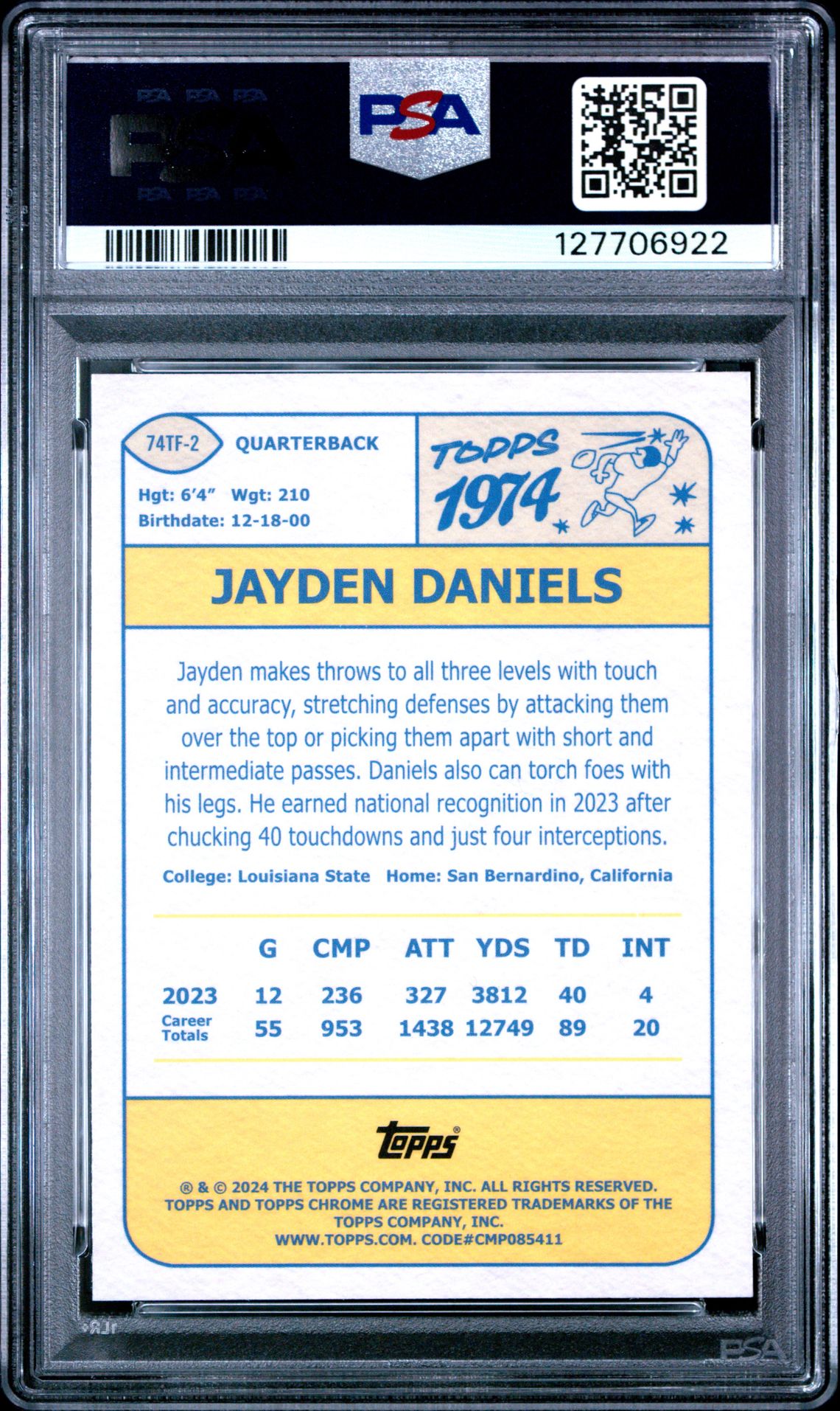 2024 Topps Chrome 1974 Topps Football Jayden Daniels #74Tf2 Mint 9 back
