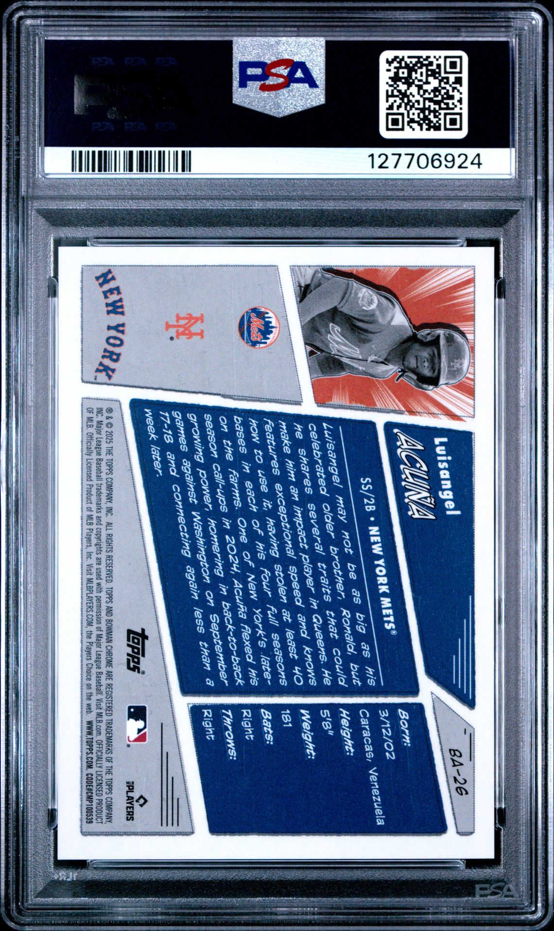 2025 Bowman Anime Luisangel Acuna #Ba26 Gem Mt 10 back