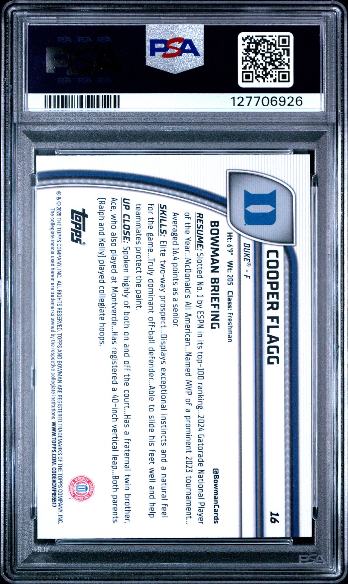 2024 Bowman Chrome University Cooper Flagg #16 (Black Wave) Mint 9 back