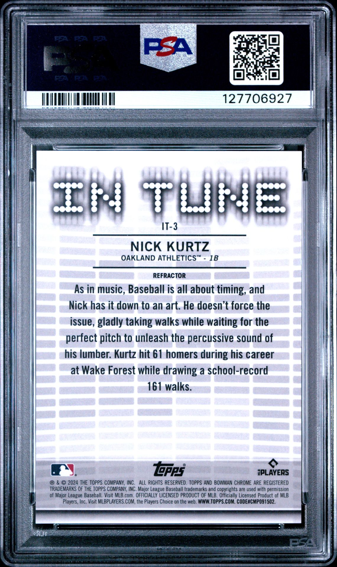 2024 Bowman Draft In Tune Nick Kurtz #It3 (In Tune-Refractor) Gem Mt 10 back