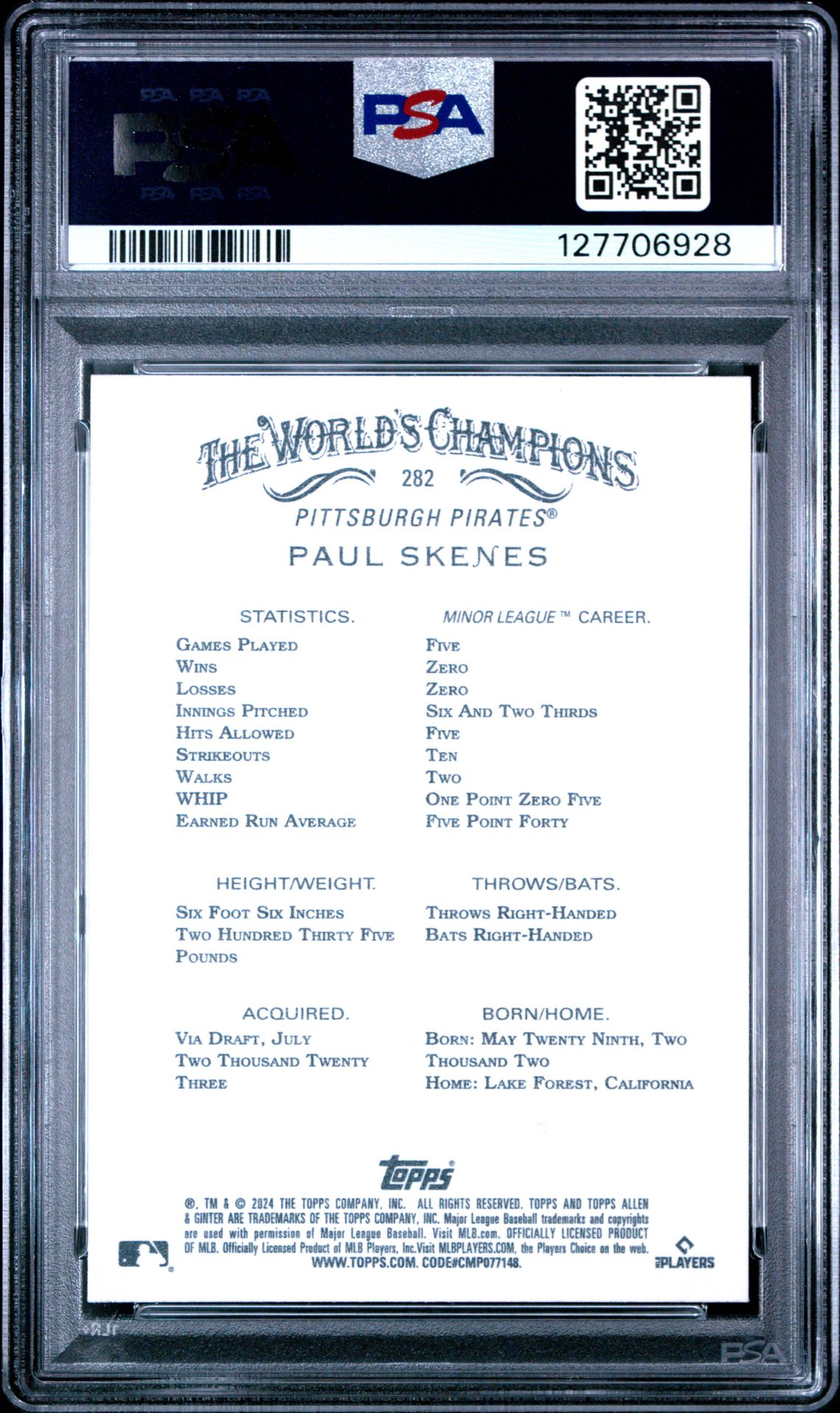 2024 Topps Allen & Ginter Paul Skenes #282 (Foil Filigree) Gem Mt 10 back