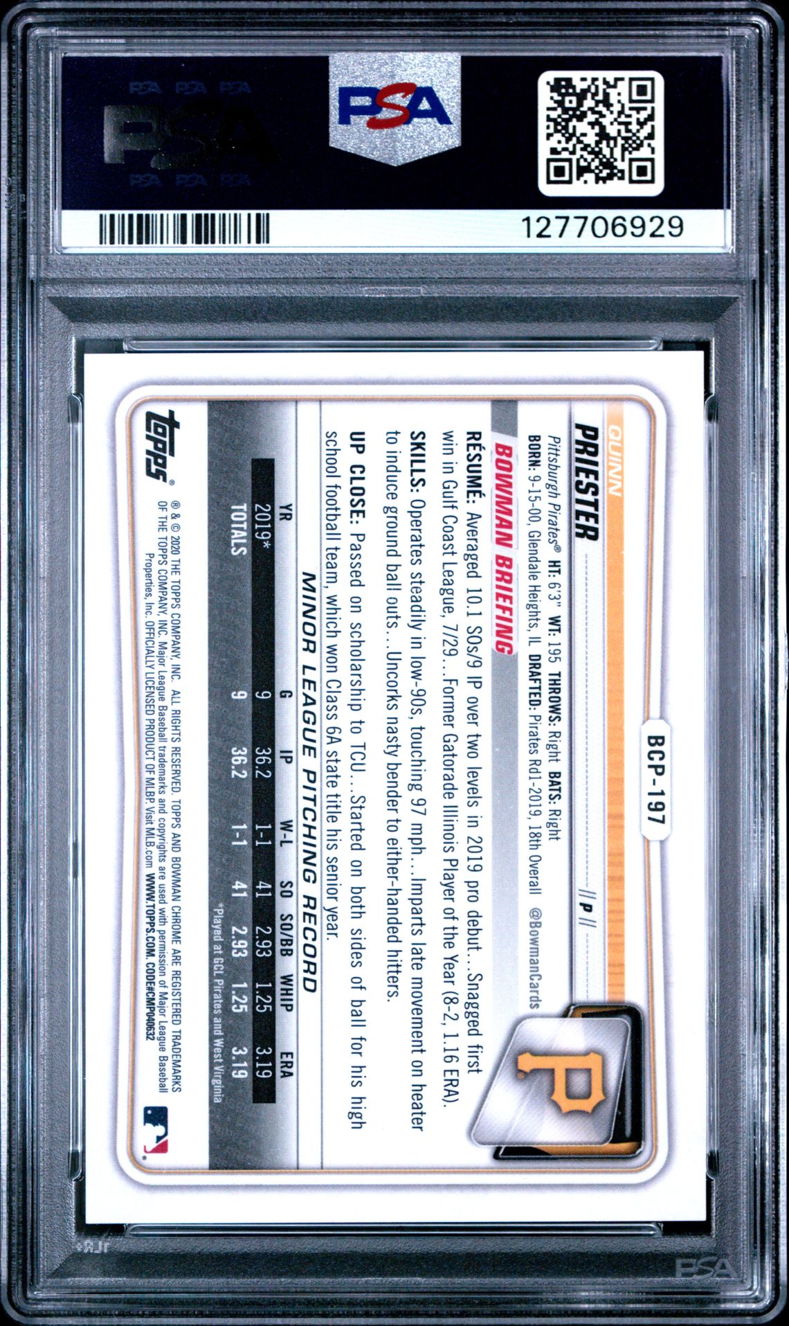 2020 Bowman Chrome Prospects Quinn Priester #Bcp197 (Prospects-Gold Shimmer) Gem Mt 10 back