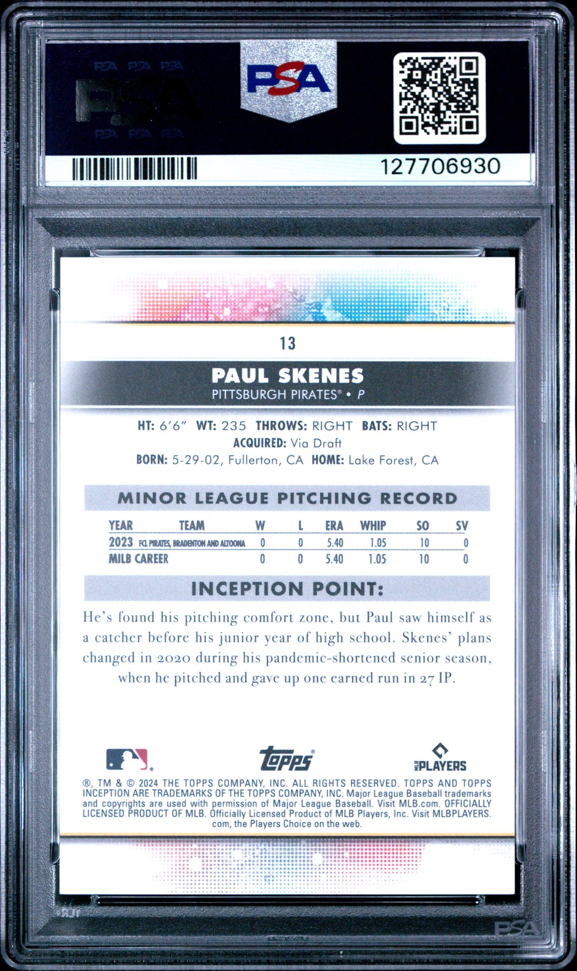 2024 Topps Inception Paul Skenes #13 (Magenta) Gem Mt 10 back