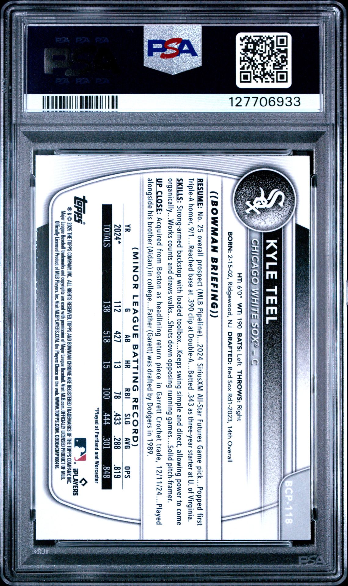 2025 Bowman Chrome Prospects Kyle Teel #Bcp118 (Chrome Pros-Fuchsia Wave) Gem Mt 10 back