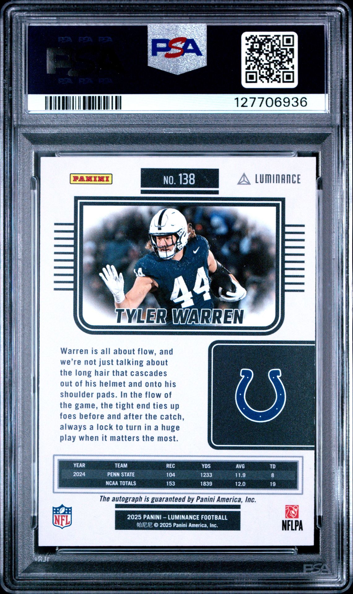 2025 Panini Luminance Tyler Warren #138 (Autograph) Gem Mt 10 back