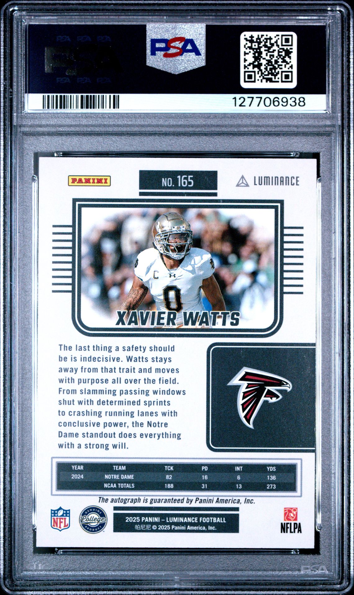 2025 Panini Luminance Xavier Watts #165 (Autograph-Blue) Mint 9 back