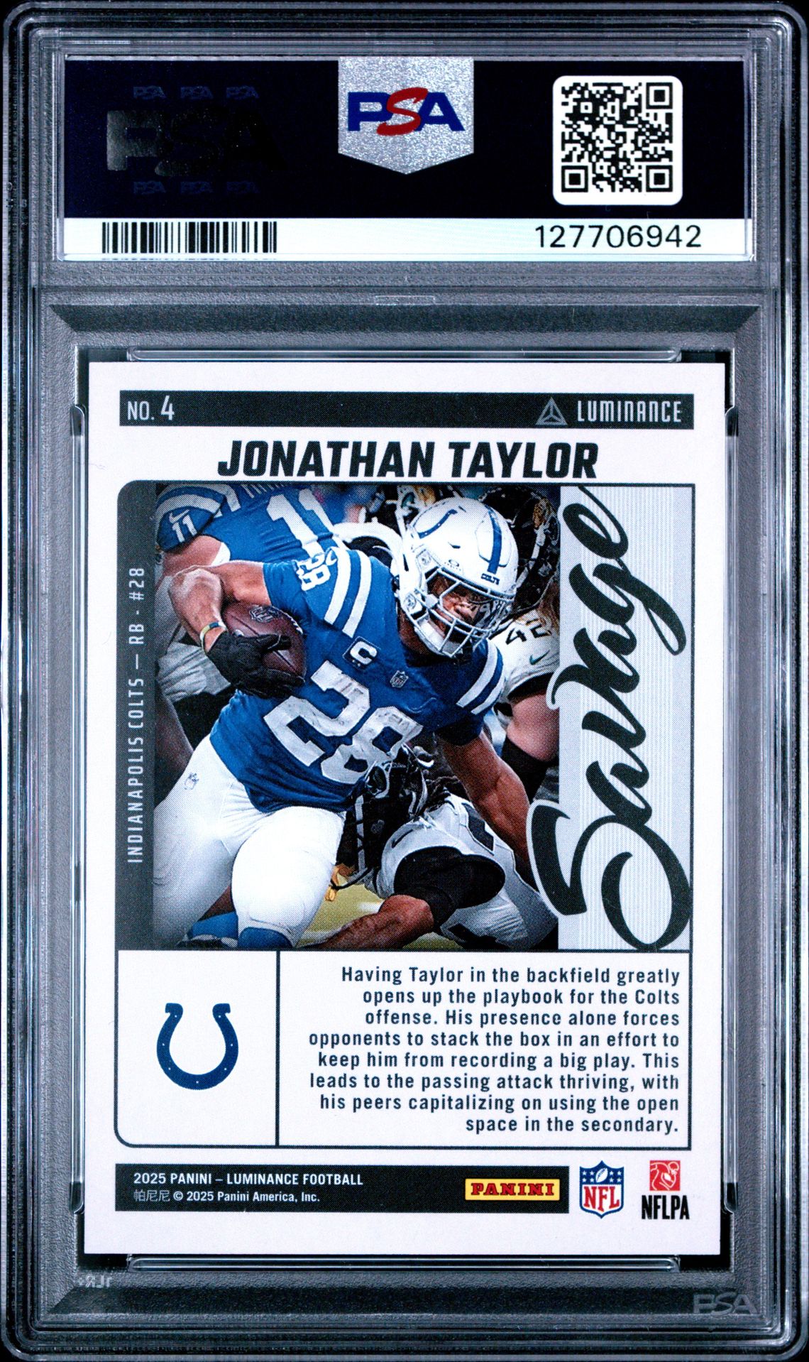 2025 Panini Luminance Savage Jonathan Taylor #4 (Savage-Blue) Gem Mt 10 back