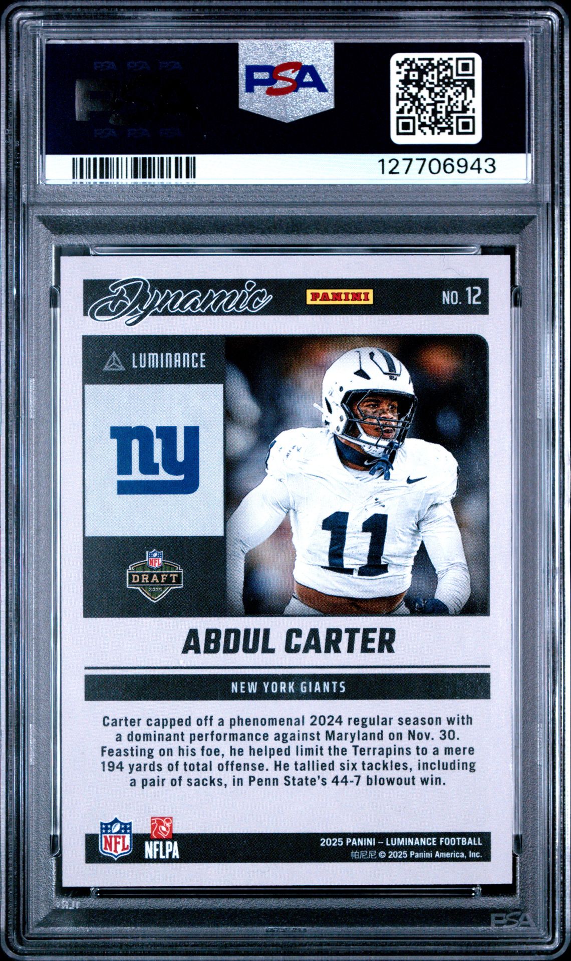 2025 Panini Luminance Dynamic Rookies Abdul Carter #12 (Dynamic Rookies-Orange) Mint 9 back