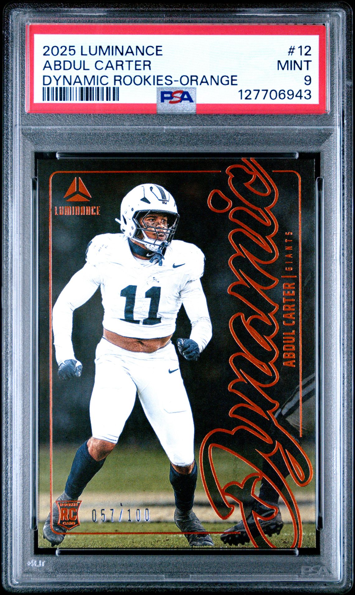 2025 Panini Luminance Dynamic Rookies Abdul Carter #12 (Dynamic Rookies-Orange) Mint 9 front