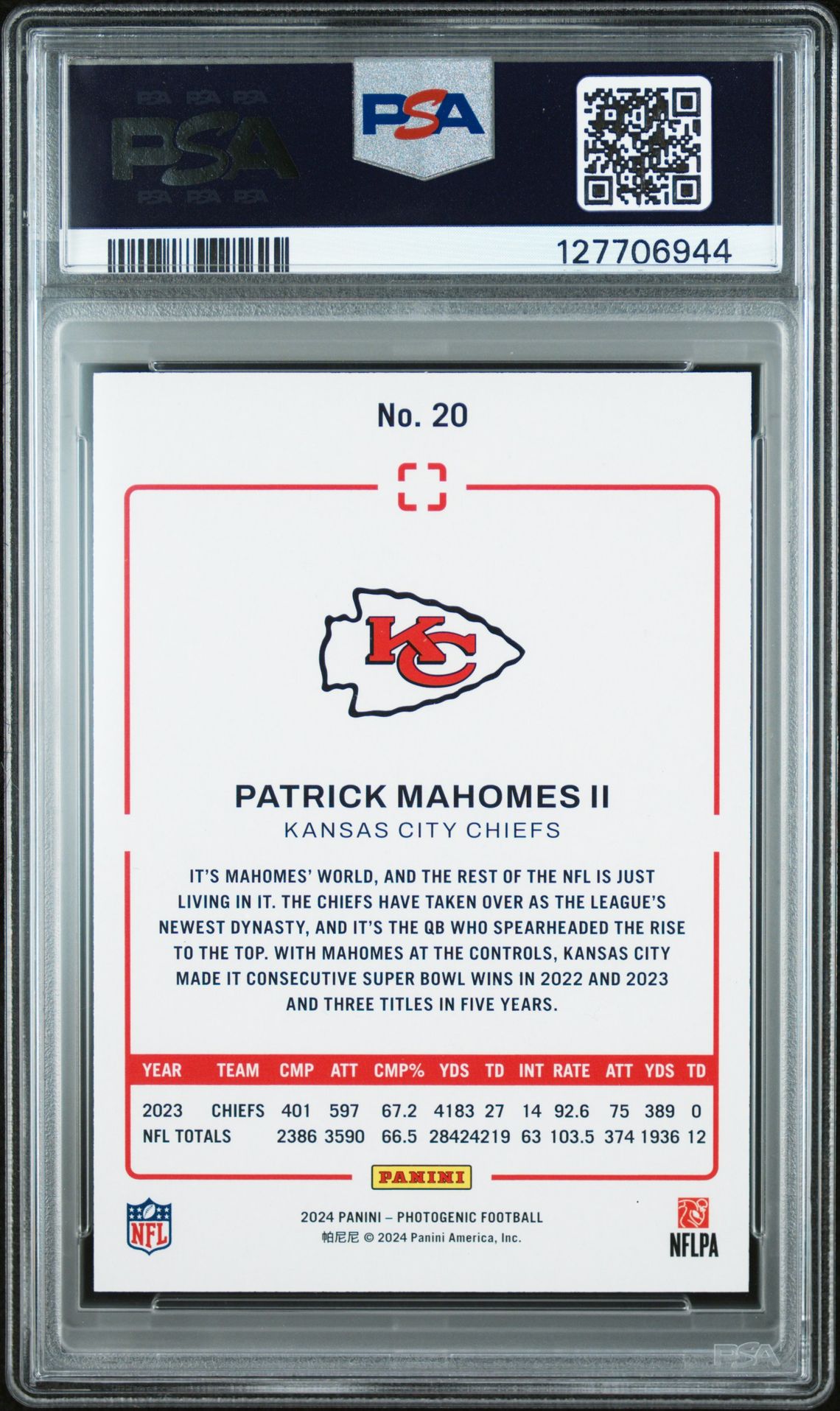 2024 Panini Photogenic Patrick Mahomes Ii #20 (Red) Gem Mt 10 back