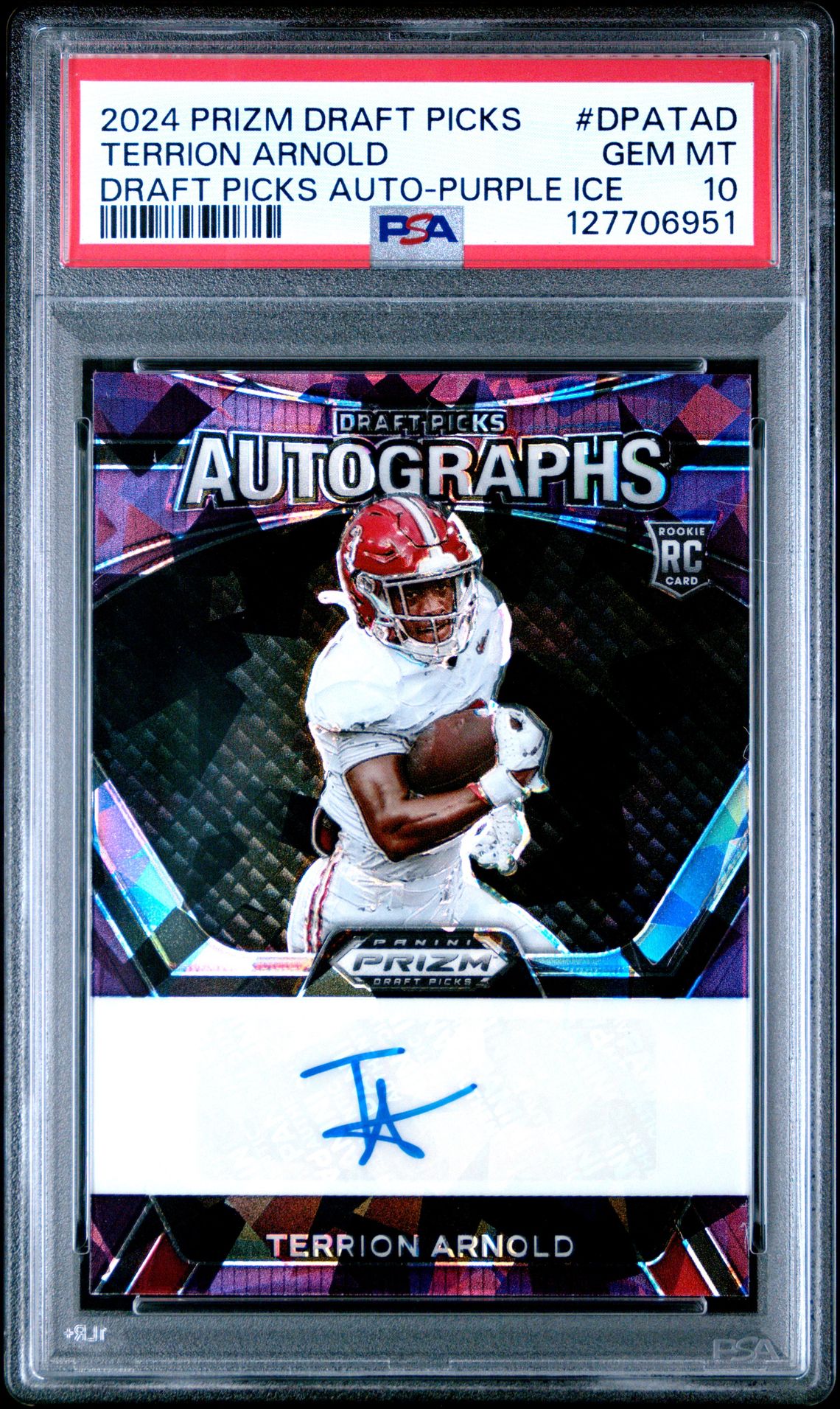 2024 Panini Prizm Draft Picks Draft Picks Autographs Terrion Arnold #Dpatad (Draft Picks Auto-Purple Ice) Gem Mt 10 front