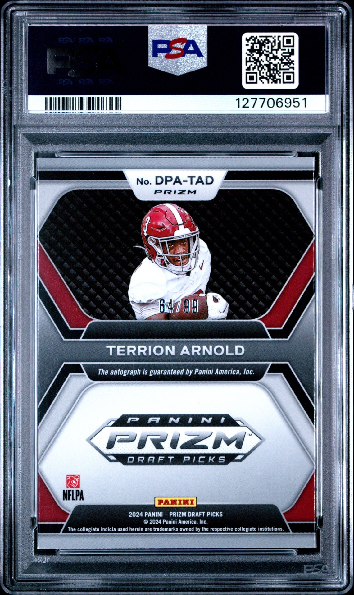 2024 Panini Prizm Draft Picks Draft Picks Autographs Terrion Arnold #Dpatad (Draft Picks Auto-Purple Ice) Gem Mt 10 back