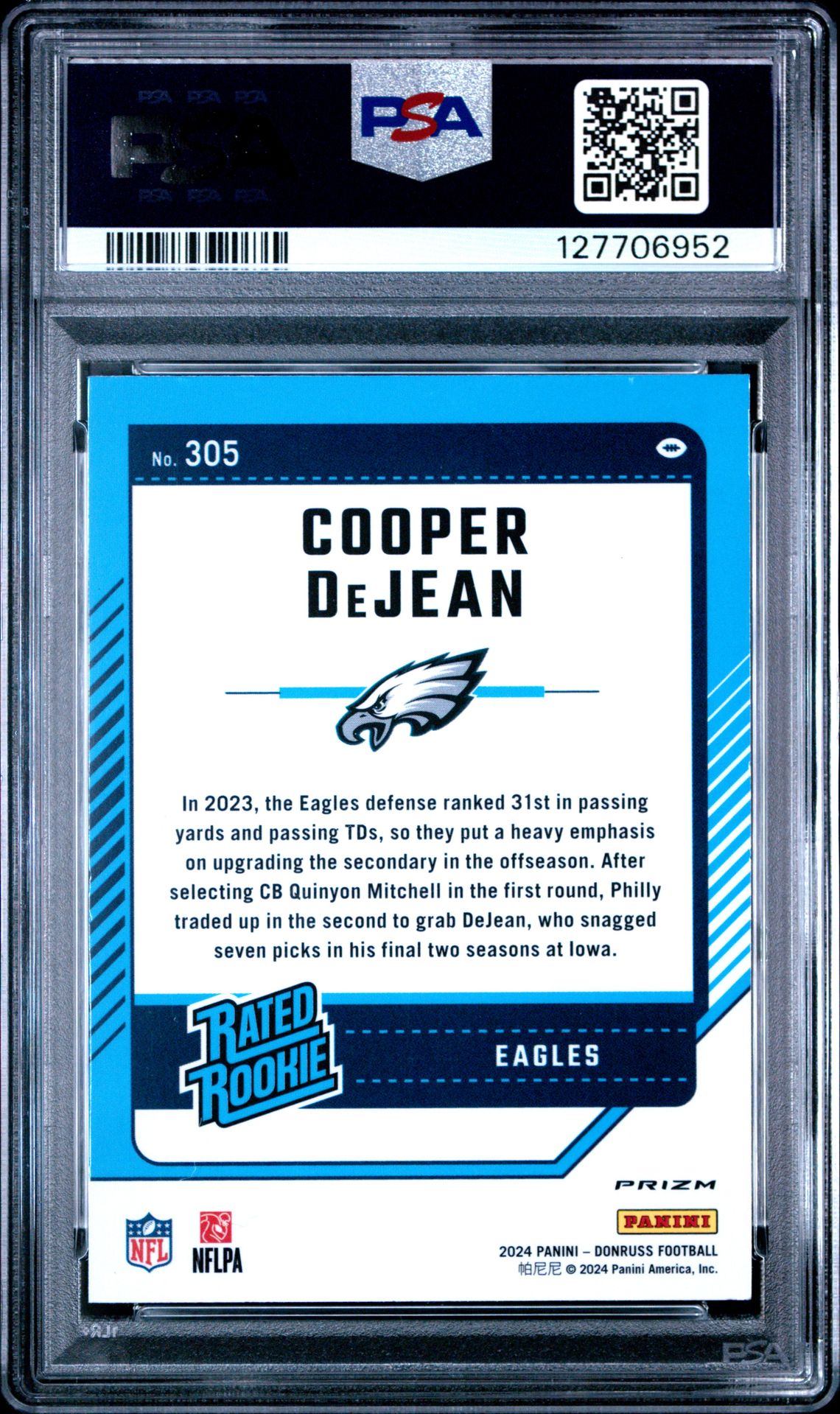 2024 Panini Donruss Cooper Dejean #305 (Optic Preview-Pink) Gem Mt 10 back