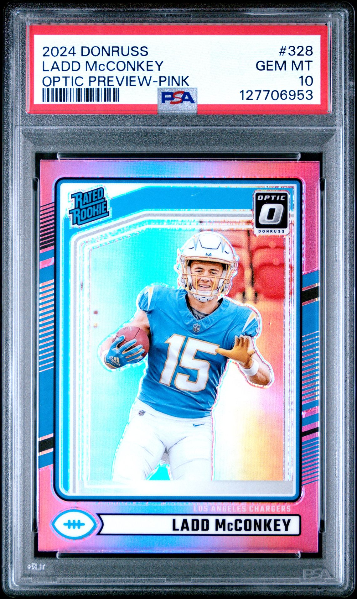 2024 Panini Donruss Ladd Mcconkey #328 (Optic Preview-Pink) Gem Mt 10 front